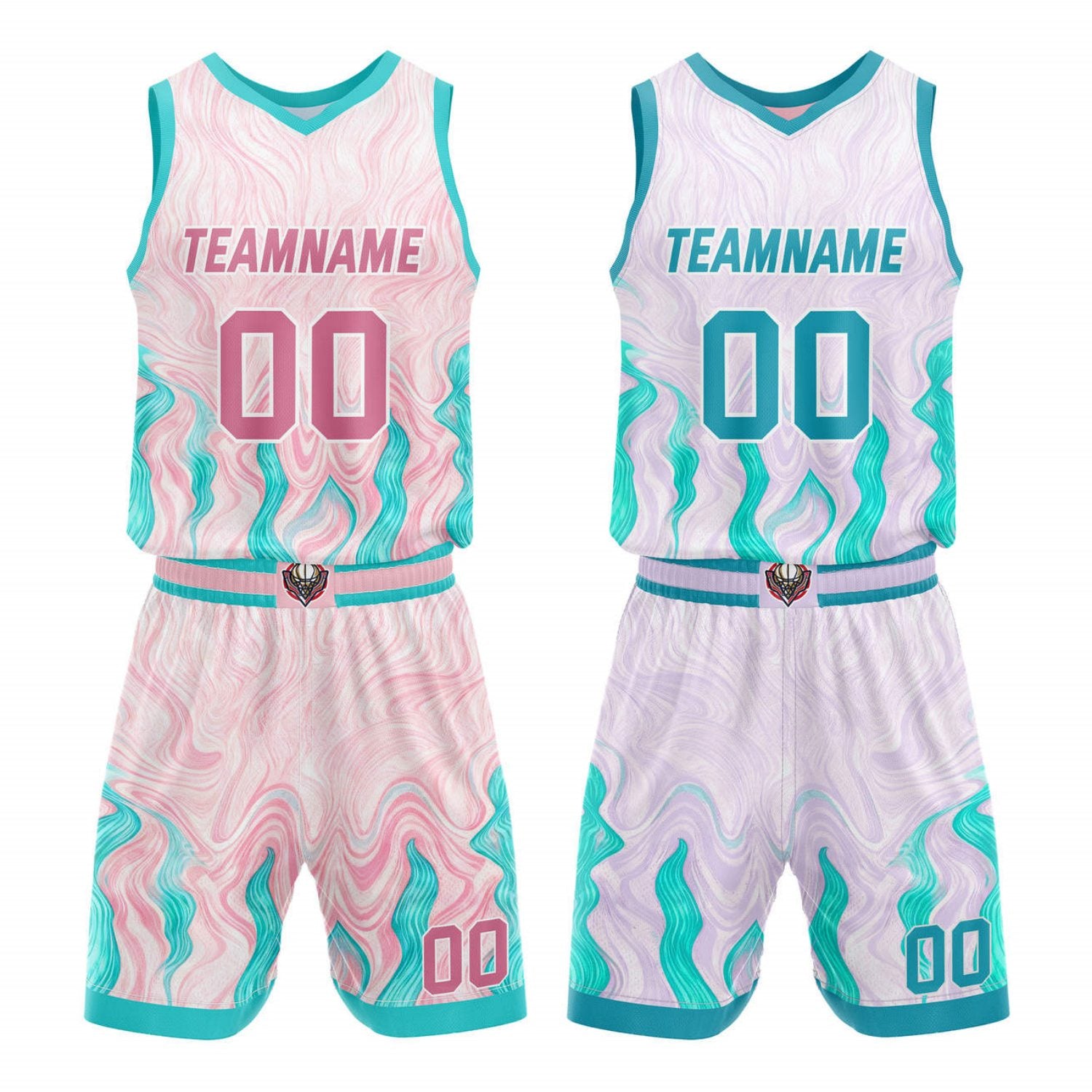 Custom Reversible Basketball Jersey + Shorts Set (Pink & Purple & Teal Wave) - Personalized Team Name, Number & LOGO | Vosoli