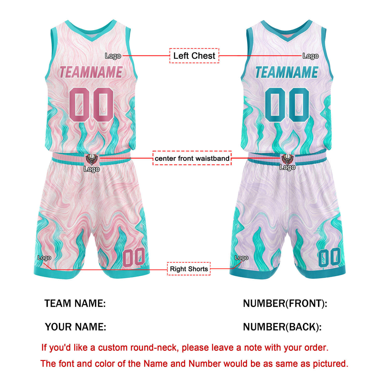 Custom Reversible Basketball Jersey + Shorts Set (Pink & Purple & Teal Wave) - Personalized Team Name, Number & LOGO | Vosoli