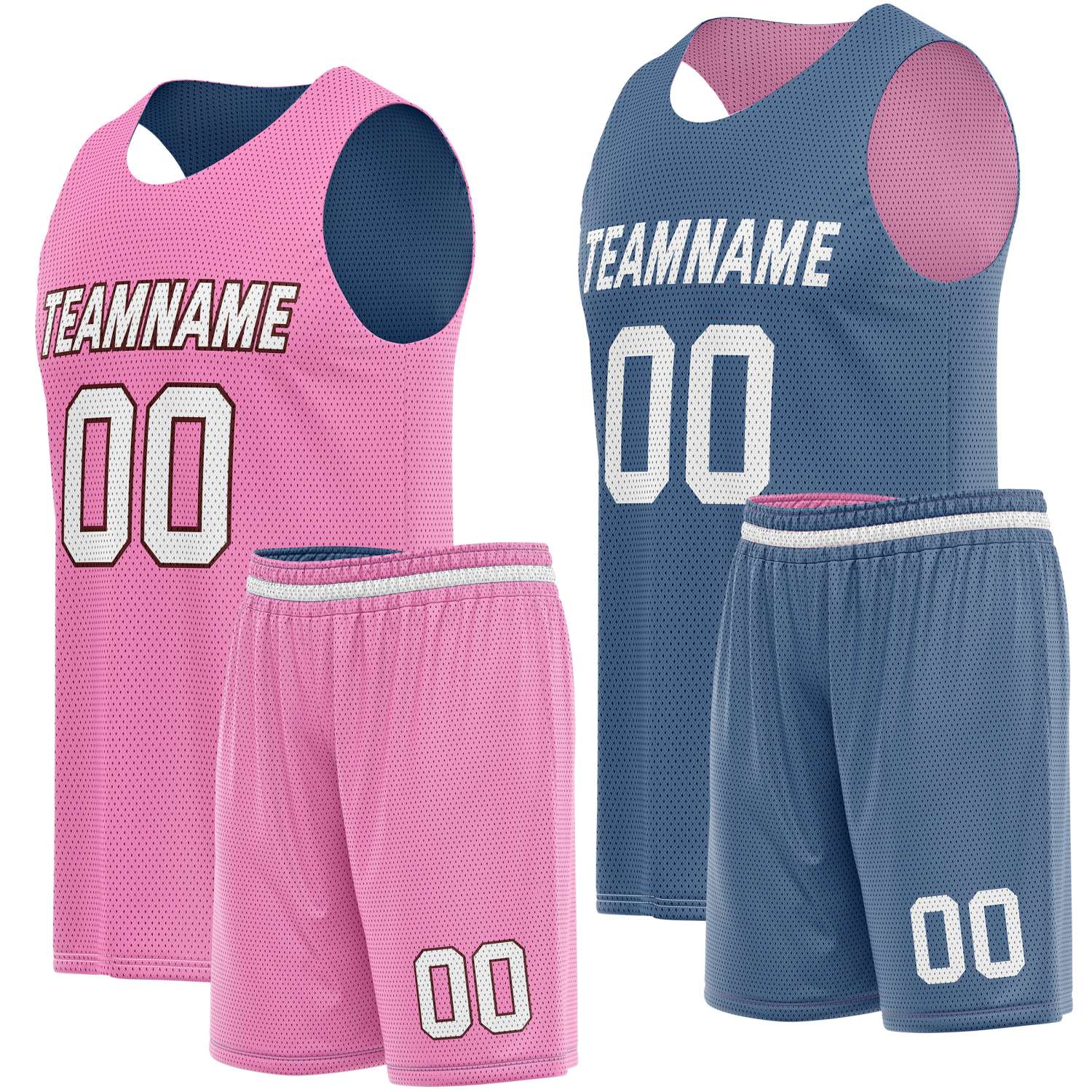 Custom Reversible Pink Blue Basketball Jersey Shorts Set, Personalized Team Name Number, Breathable Mesh Uniform for Men Women Youth