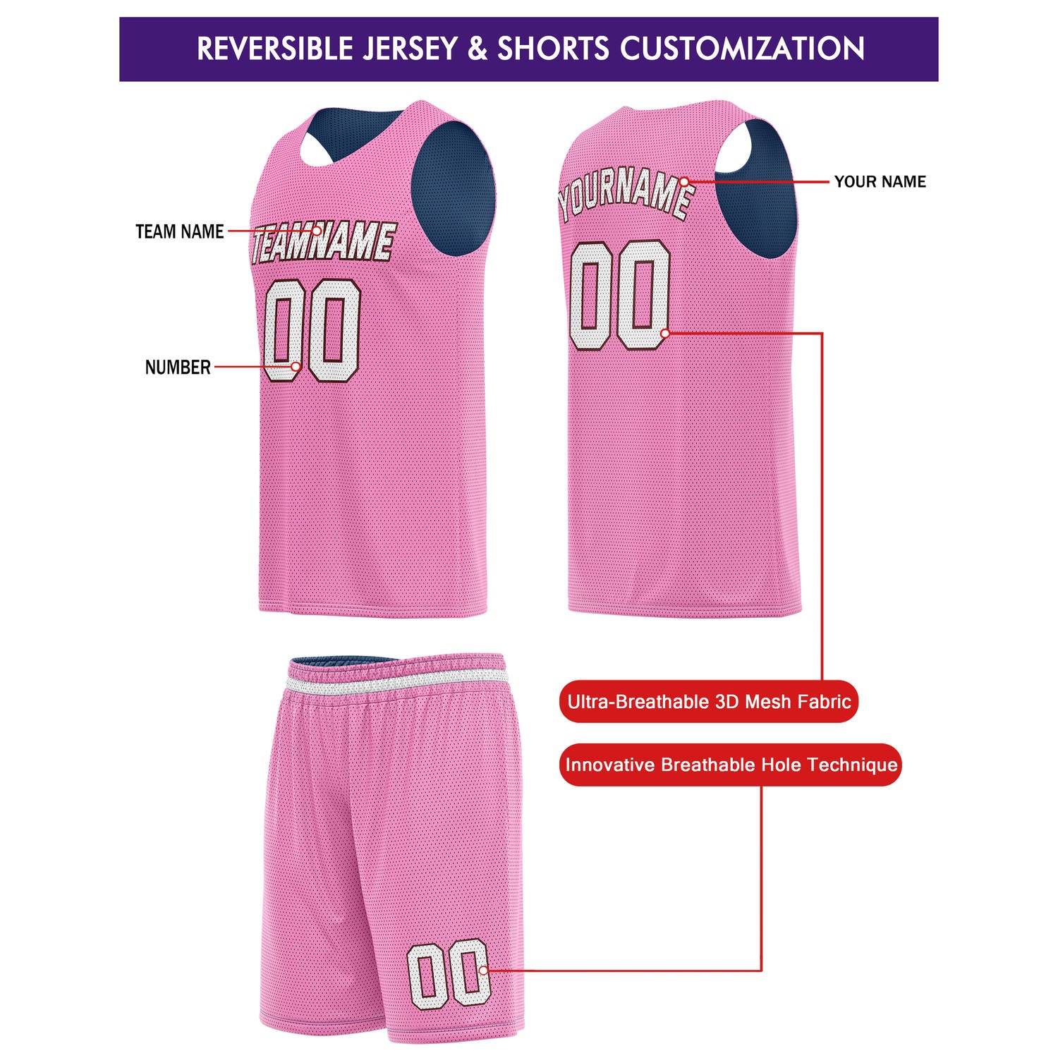 Custom Reversible Pink Blue Basketball Jersey Shorts Set, Personalized Team Name Number, Breathable Mesh Uniform for Men Women Youth