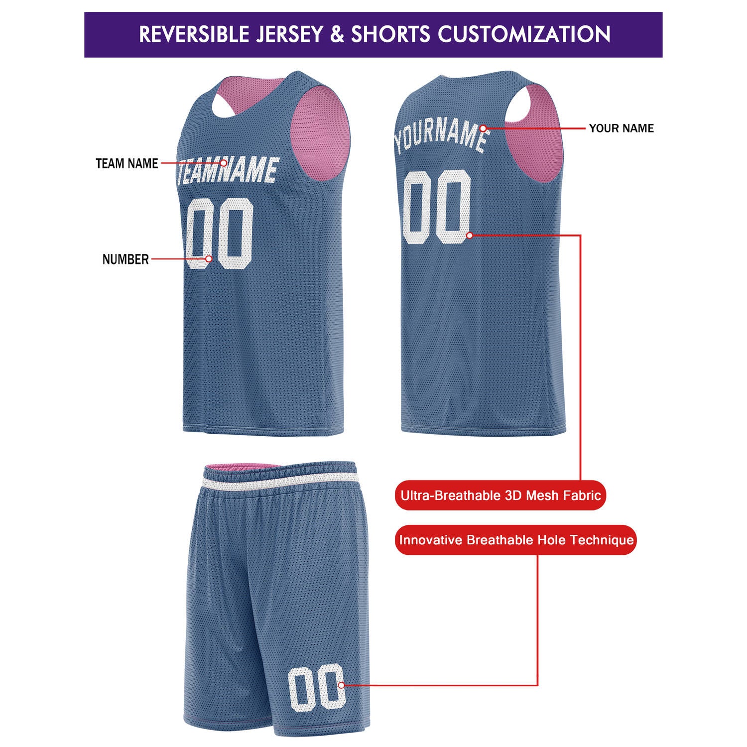Custom Reversible Pink Steel Blue Basketball Jersey & Shorts Set | Personalized Team Kit | Vosoli