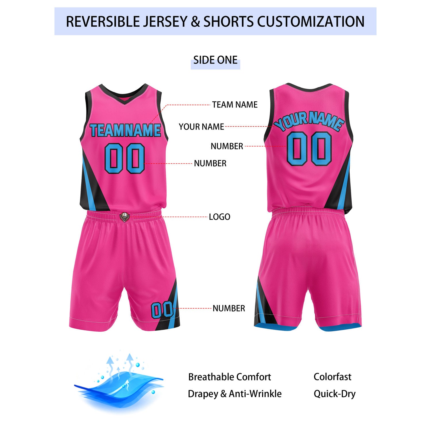 Custom Reversible Pink Turquoise Basketball Uniform Set | Team & Player Name - Vosoli