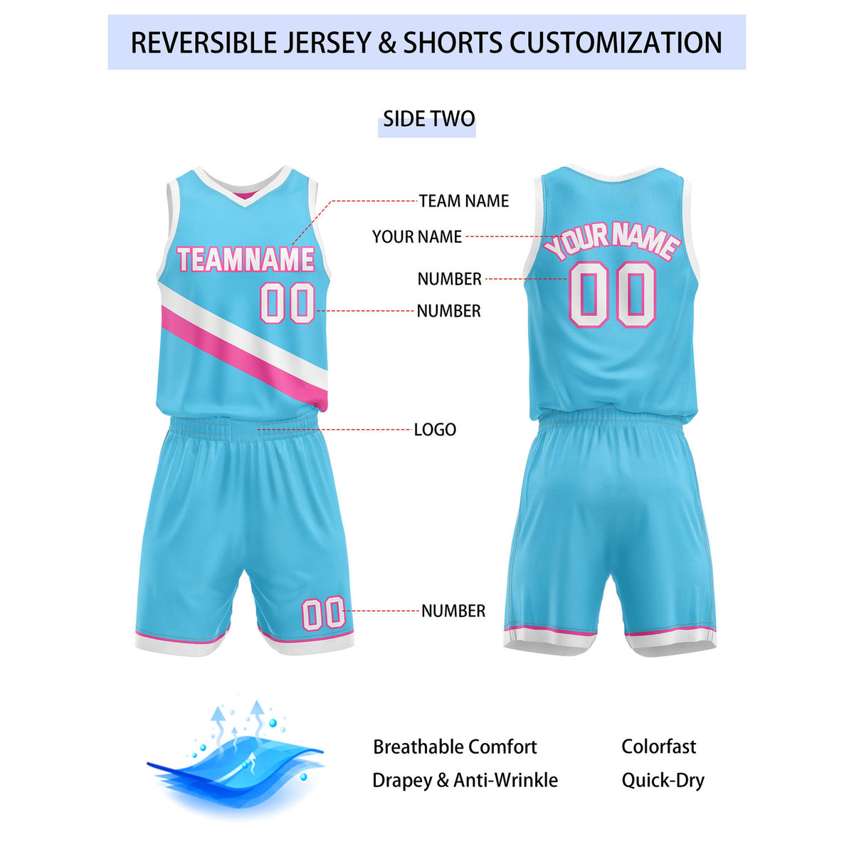 Custom Reversible Pink Turquoise Basketball Uniform Set | Team & Player Name - Vosoli