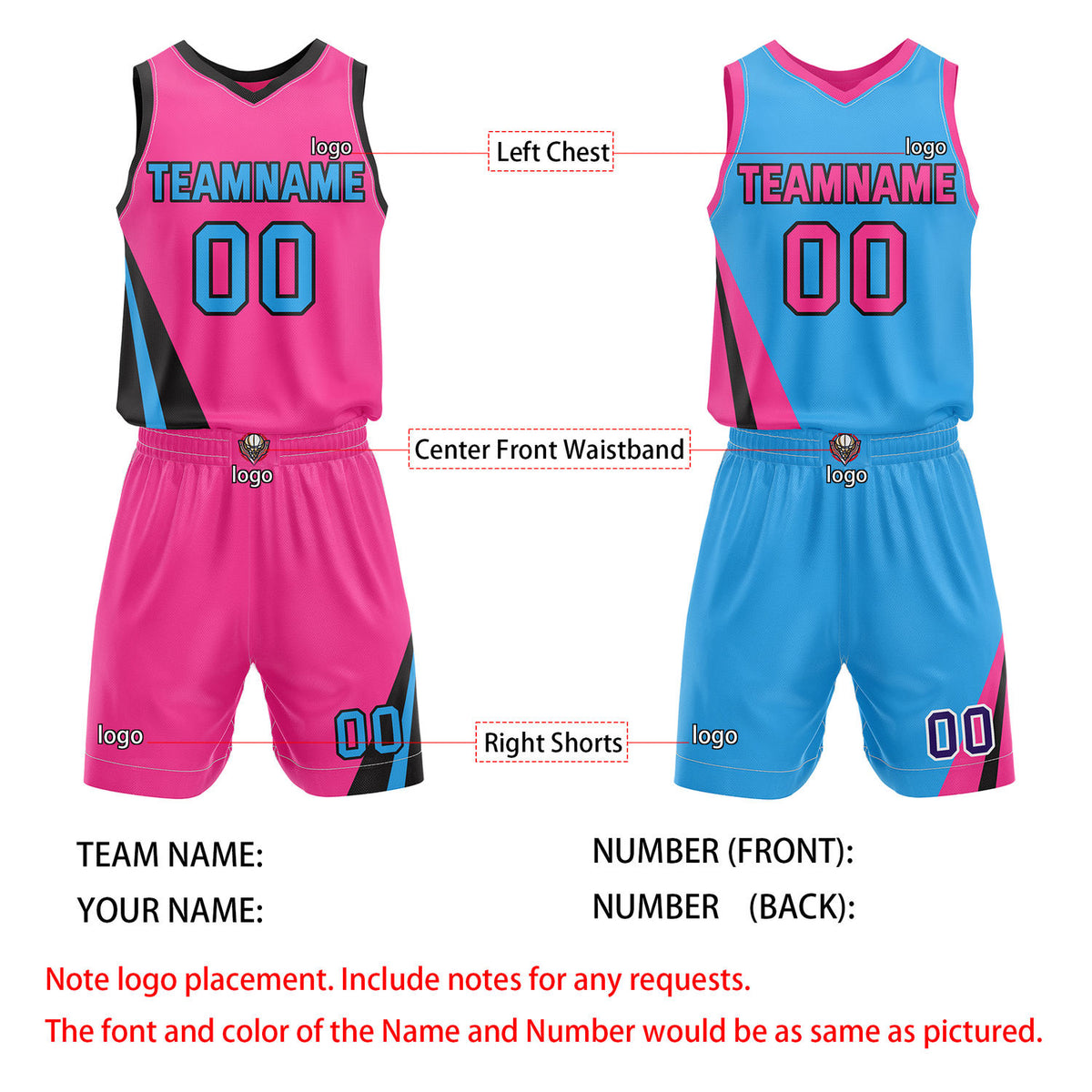 Custom Reversible Pink Turquoise Basketball Uniform Set | Team & Player Name - Vosoli
