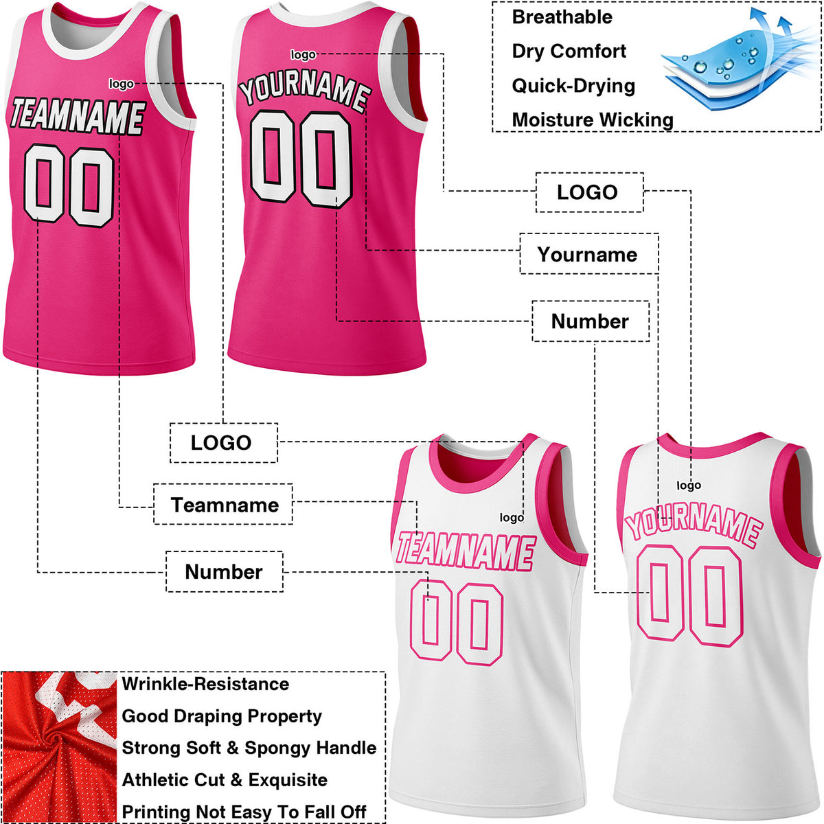 Custom Reversible Pink & White Basketball Jersey | Personalized Team Jersey | Vosoli