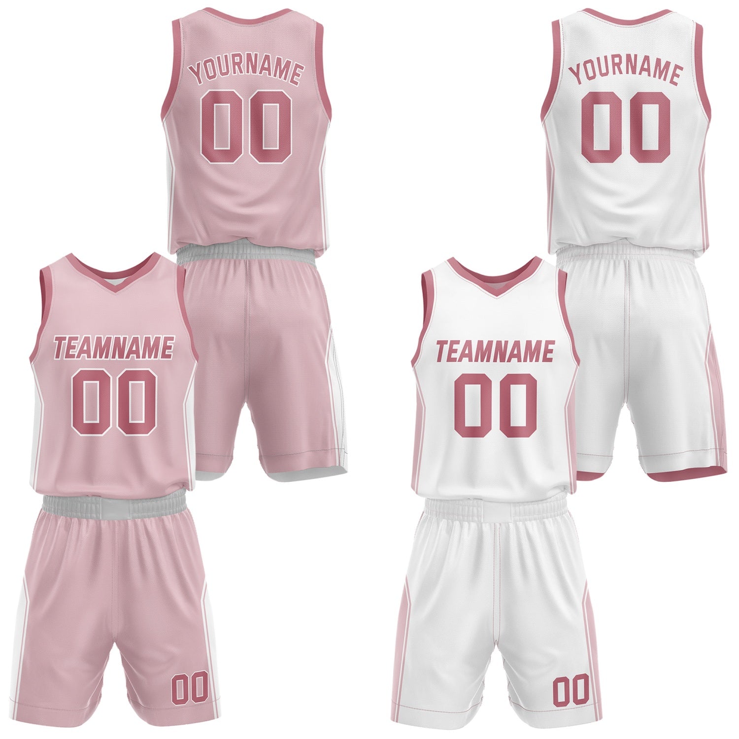 Custom Reversible Light Pink White Basketball Jersey and Shorts Set, Personalized Team Name Number Breathable Mesh Uniform for Men Women Youth