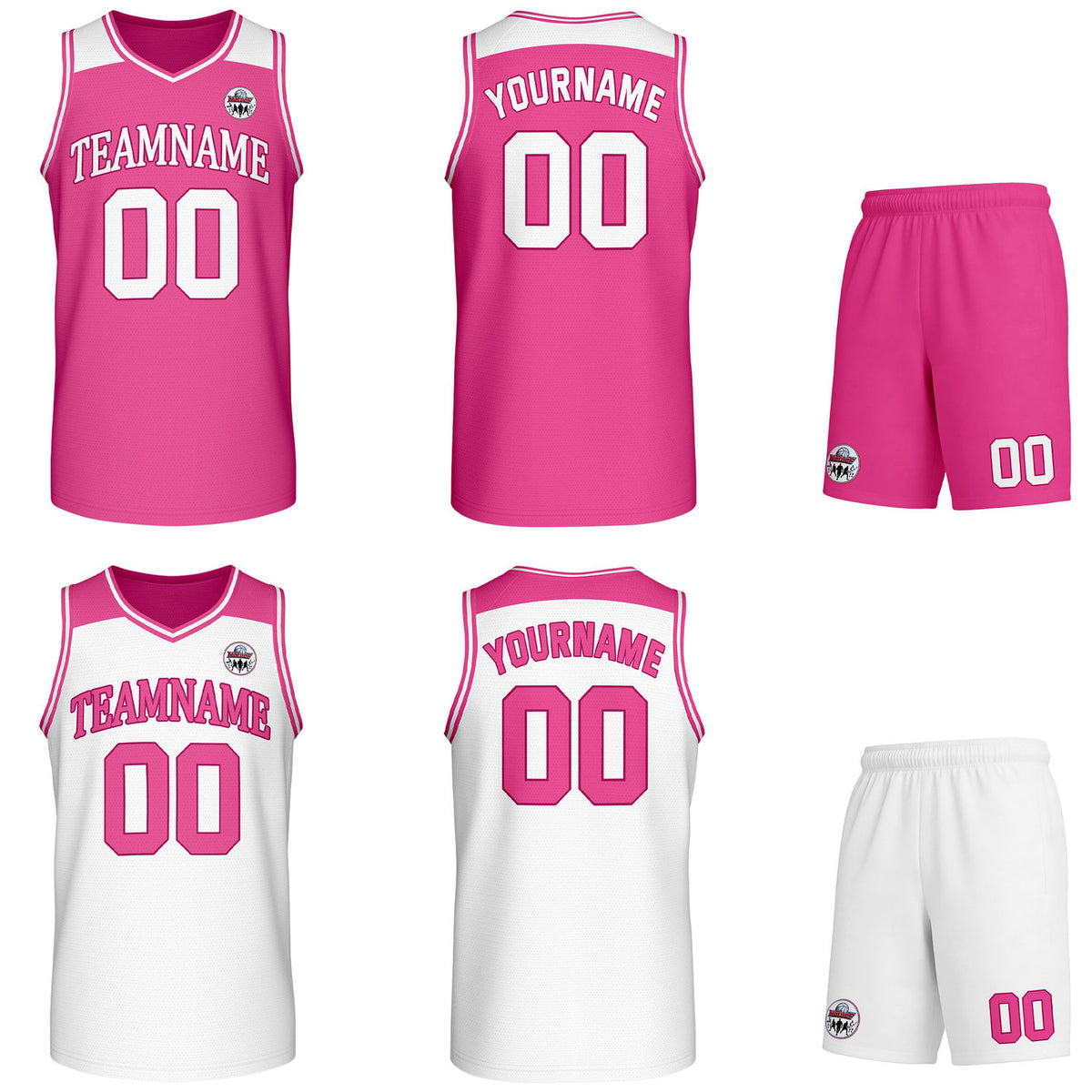 Custom reversible pink &amp; white basketball uniform set, personalized with team name number and logo, breathable mesh fabric for men women youth game practice - Vosoli
