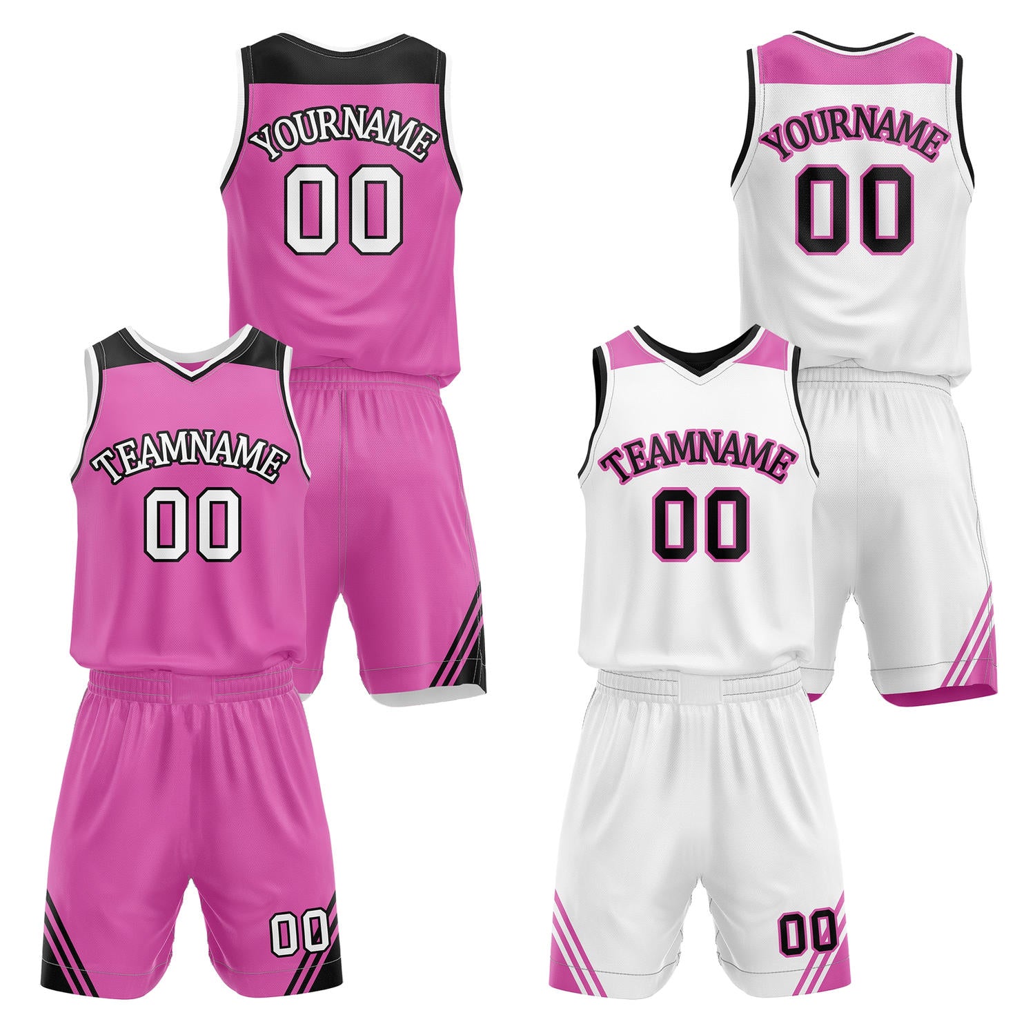 Custom reversible hot pink & white basketball uniform set, personalized with team name number and logo, breathable mesh fabric for men women youth game practice - Vosoli