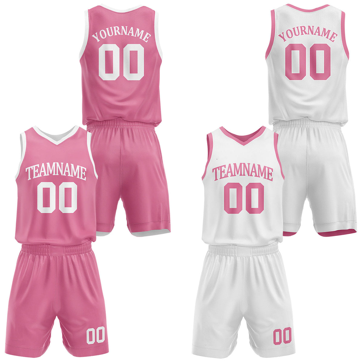 Custom reversible pink &amp; white basketball uniform set, personalized with team name number and logo, sports jersey and shorts for men women youth game practice - Vosoli