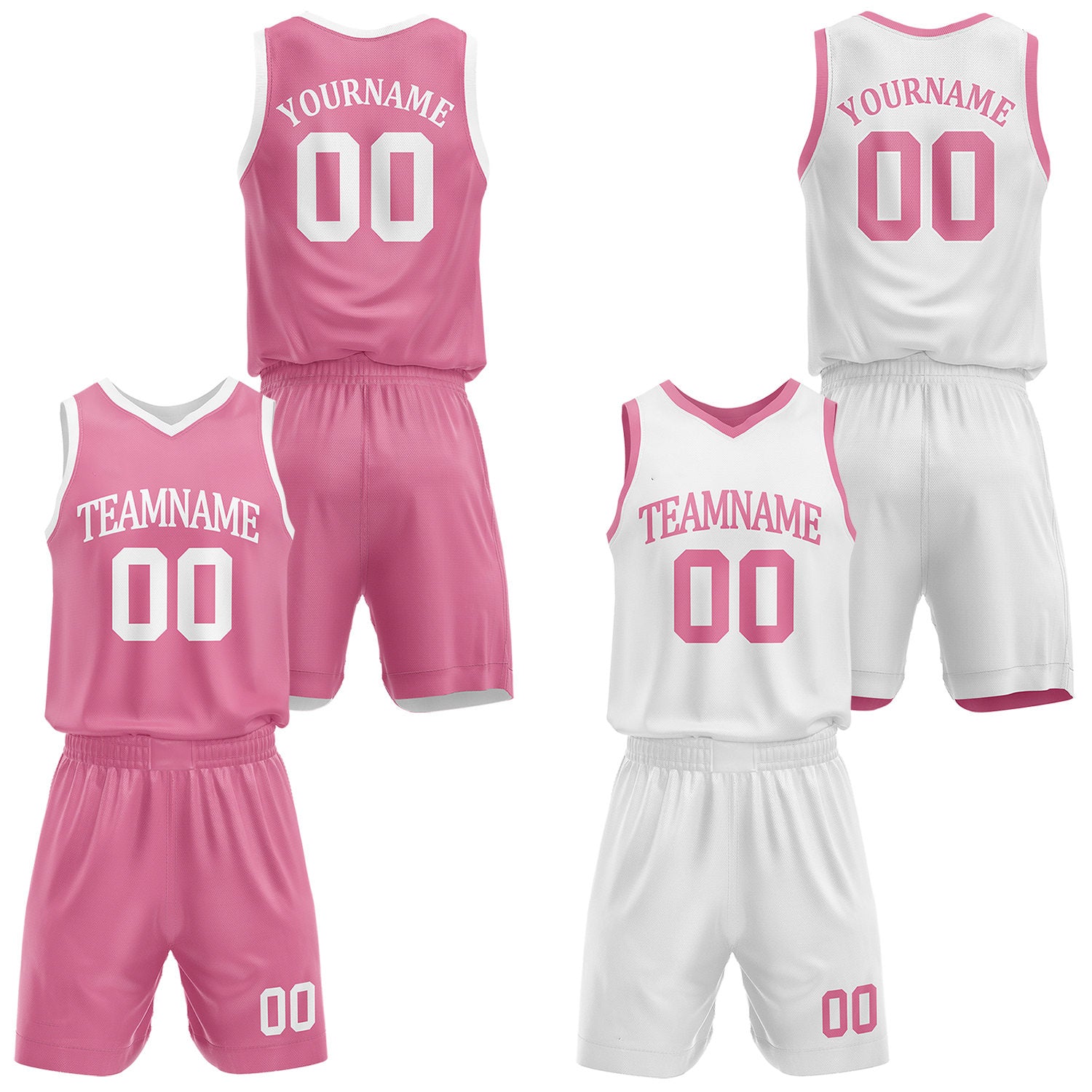 Custom reversible pink & white basketball uniform set, personalized with team name number and logo, sports jersey and shorts for men women youth game practice - Vosoli