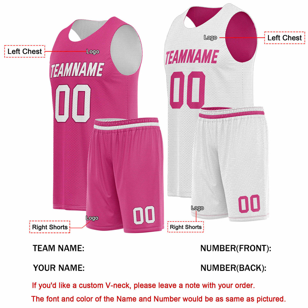 Custom Reversible Pink White Basketball Uniform Set | Team Name & Number - Vosoli