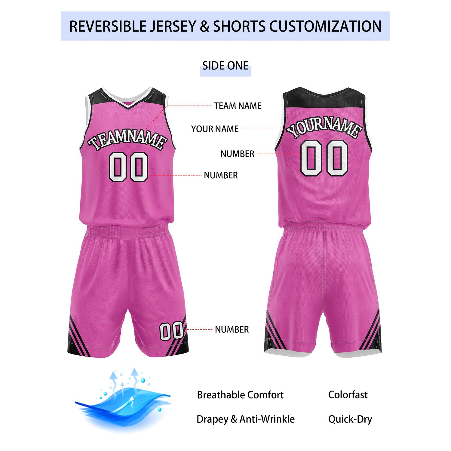 Custom Reversible Pink White Basketball Uniform Set | Team Name & Number - Vosoli