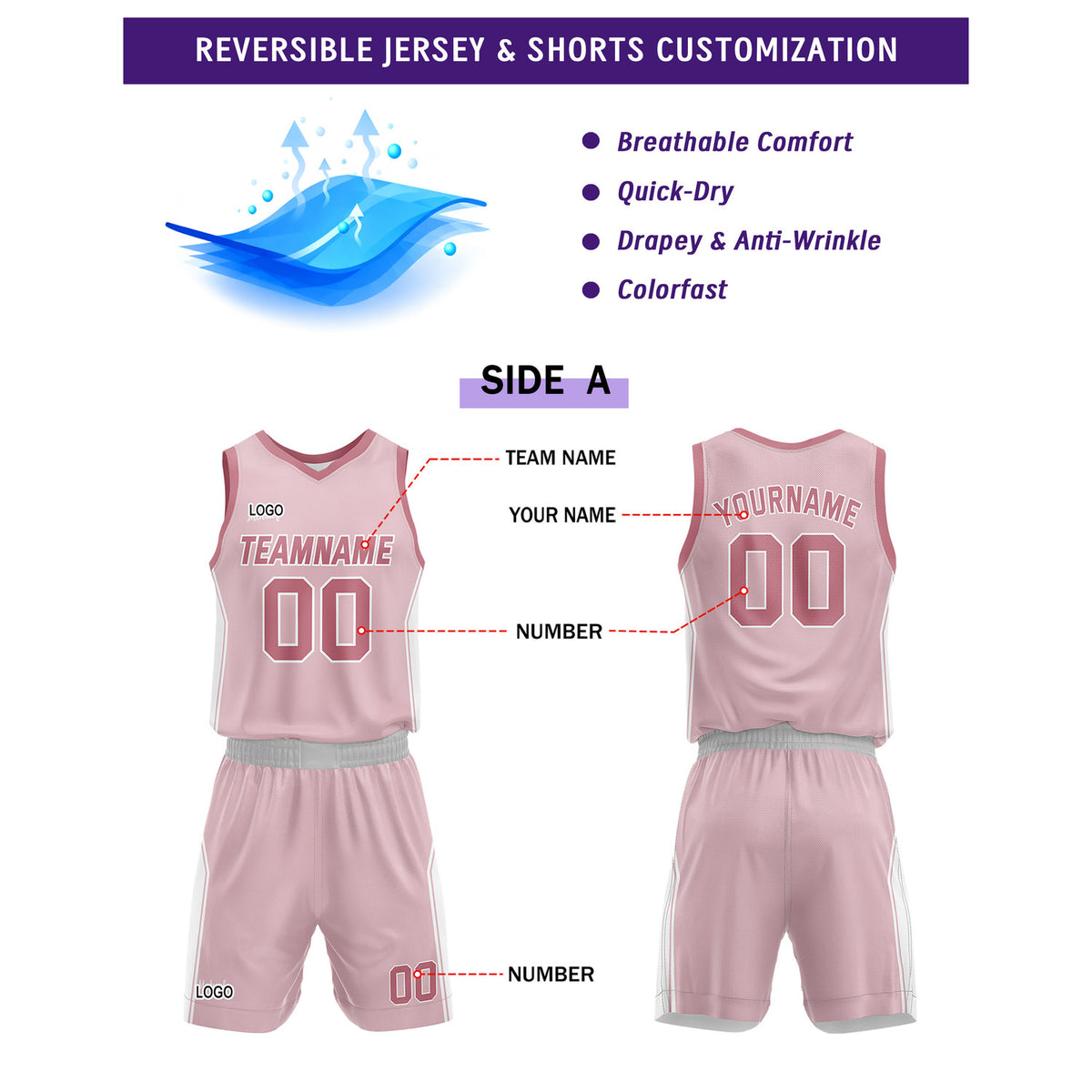 Custom Reversible Pink White Basketball Uniform Set | Personalized Name & Number - Vosoli