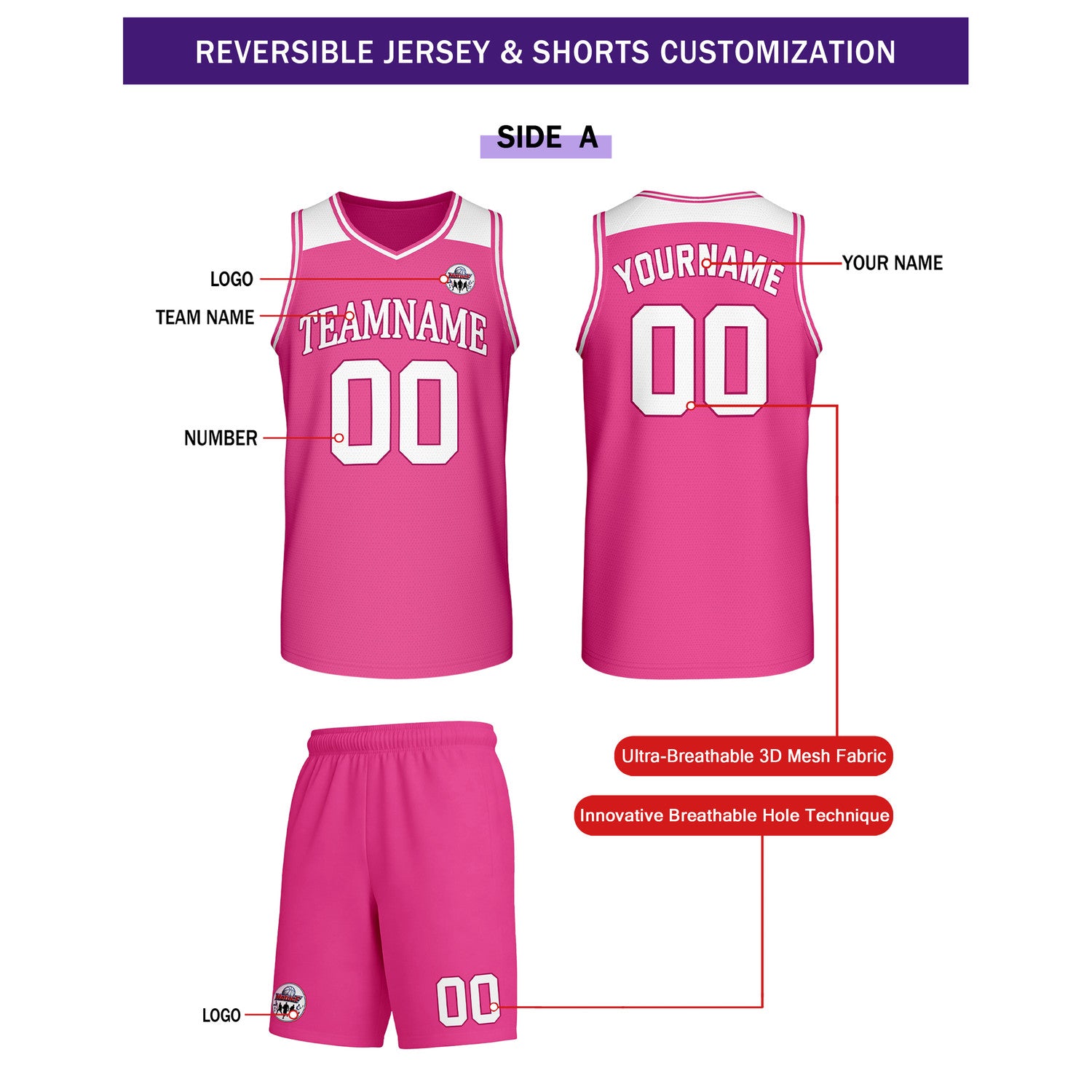 Custom Reversible Pink White Basketball Uniform Set | Team Name & Number - Vosoli