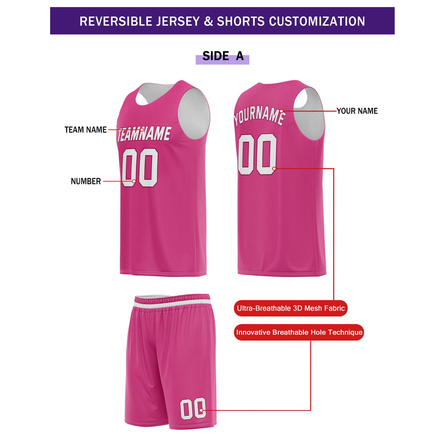 Custom Reversible Pink White Basketball Uniform Set | Team Name & Number - Vosoli