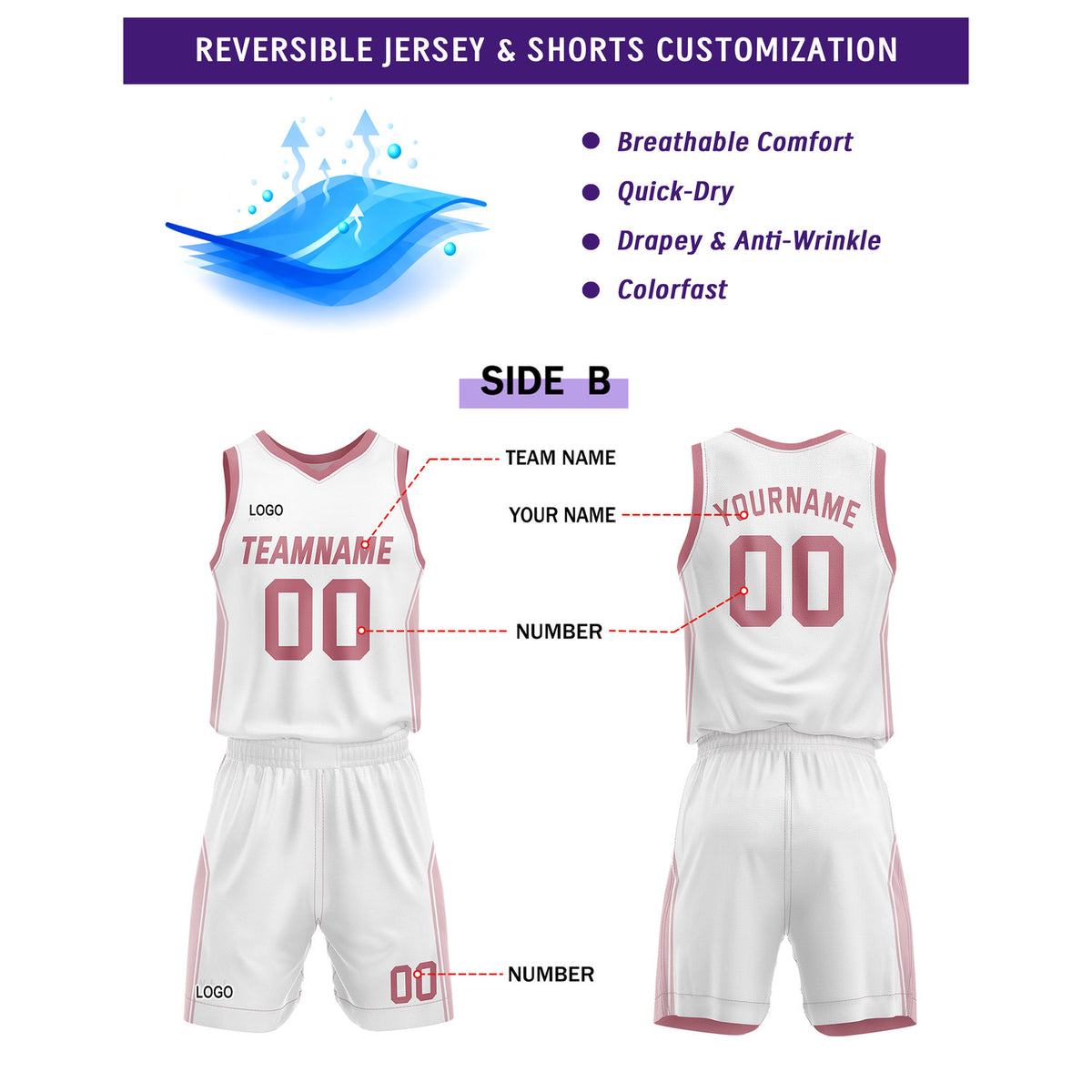 Custom Reversible Pink White Basketball Uniform Set | Personalized Name & Number - Vosoli