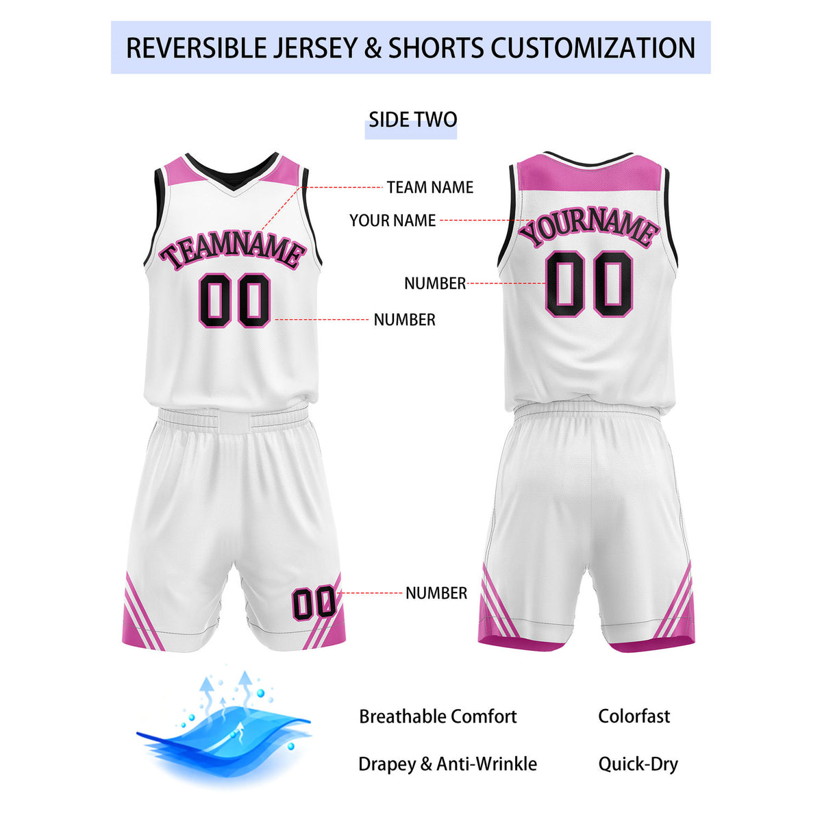 Custom Reversible Pink White Basketball Uniform Set | Team Name & Number - Vosoli