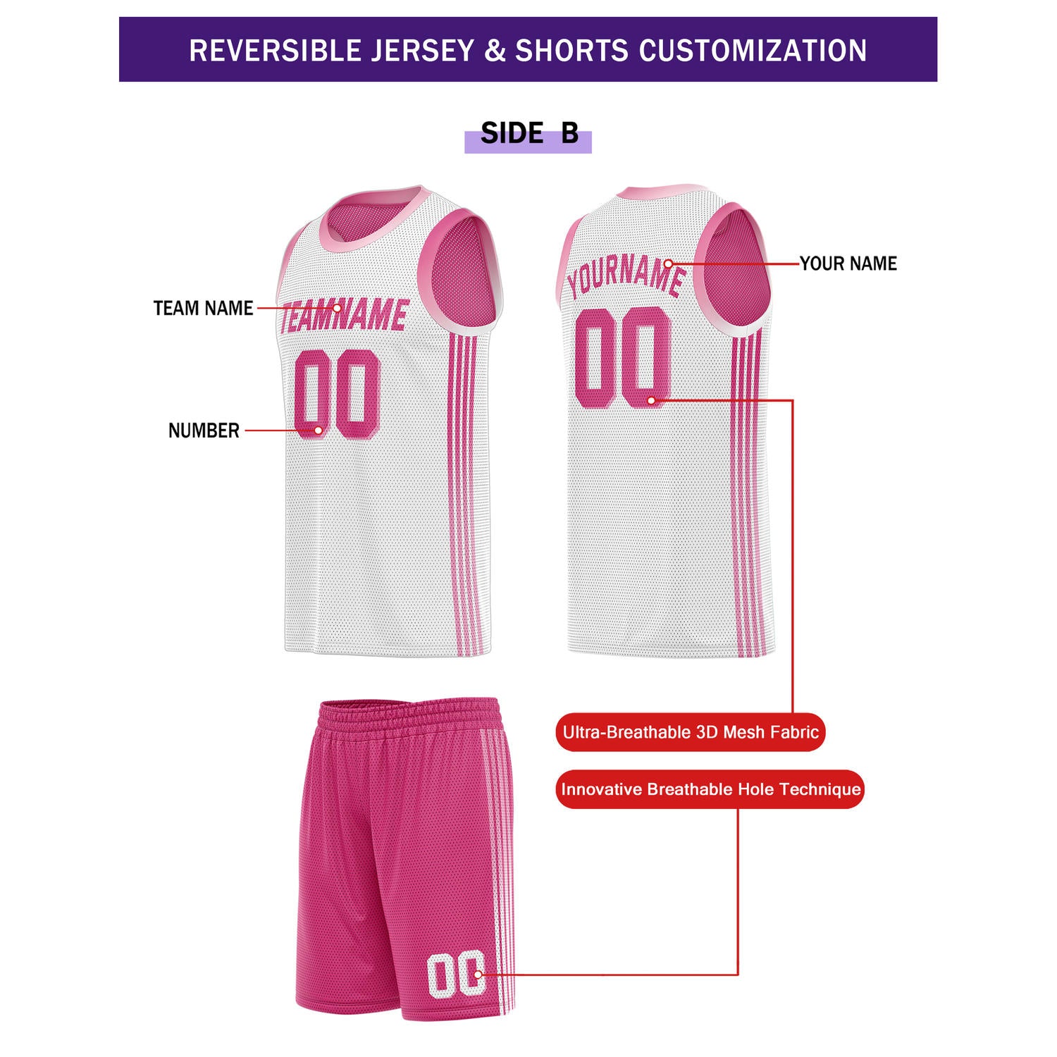 Custom Reversible Pink White Basketball Uniform Set | Team & Player Name - Vosoli
