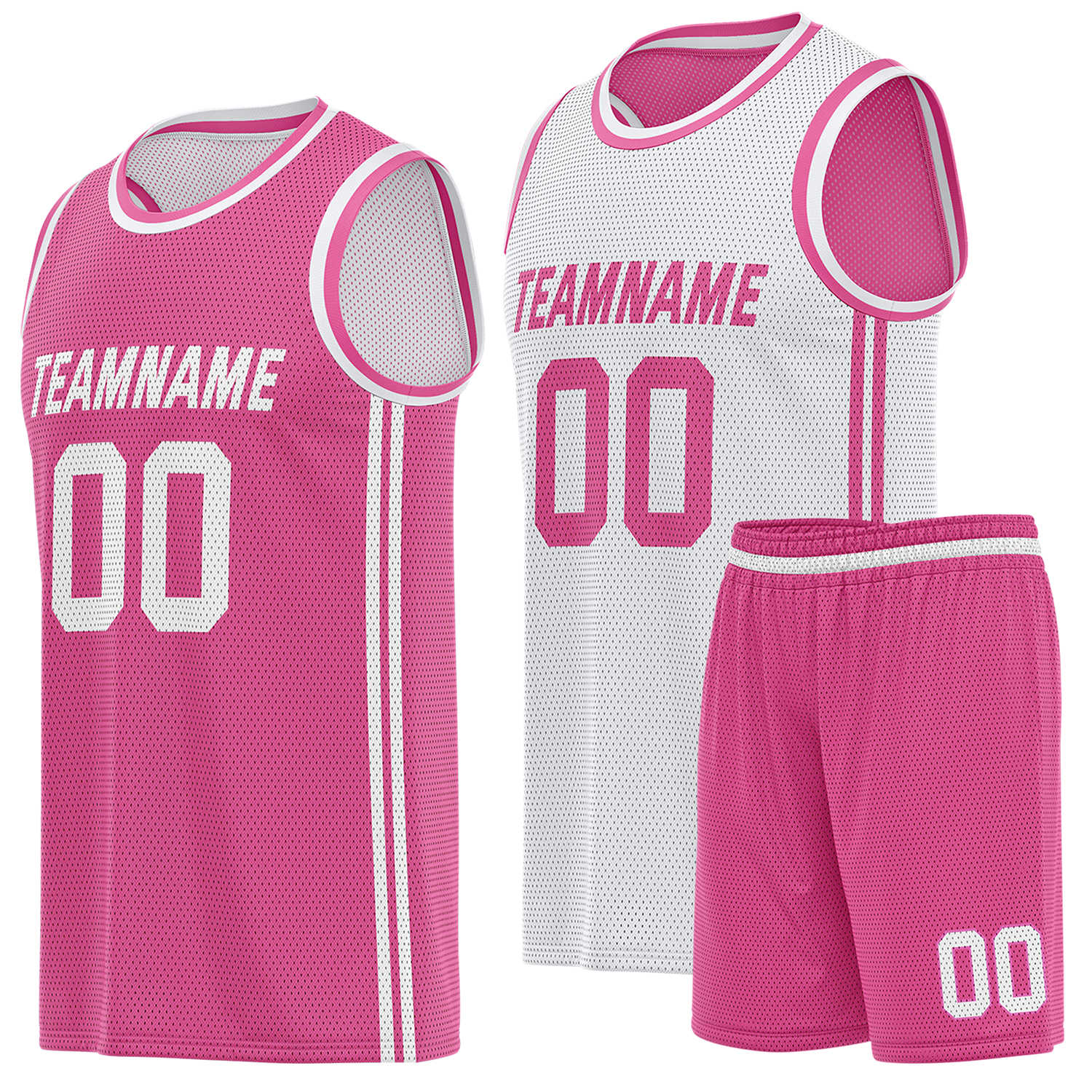 Custom reversible pink & white basketball uniform (jersey + shorts), personalized team name number logo breathable mesh sports set for men women youth game practice - Vosoli