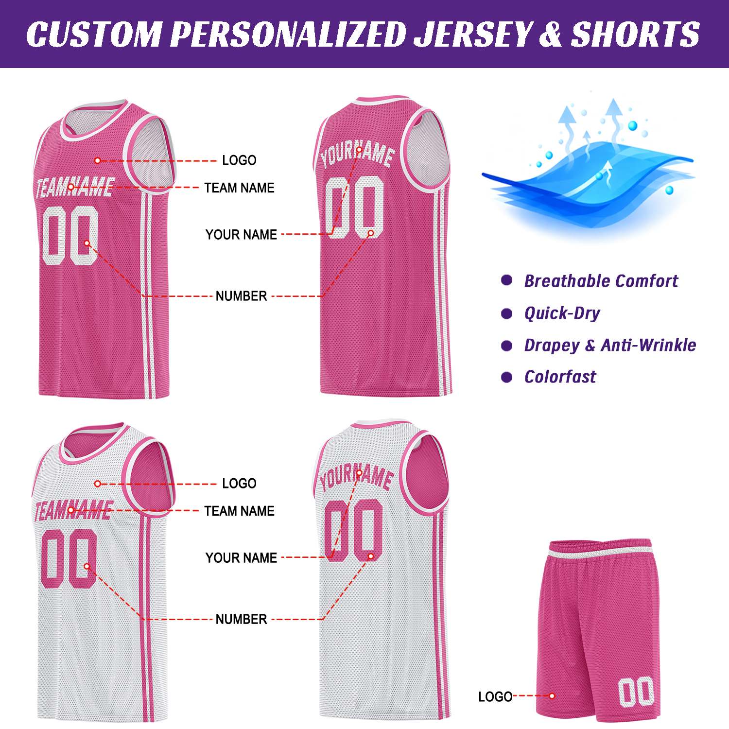 Custom reversible pink & white basketball uniform (jersey + shorts), personalized team name number logo breathable mesh sports set for men women youth game practice - Vosoli