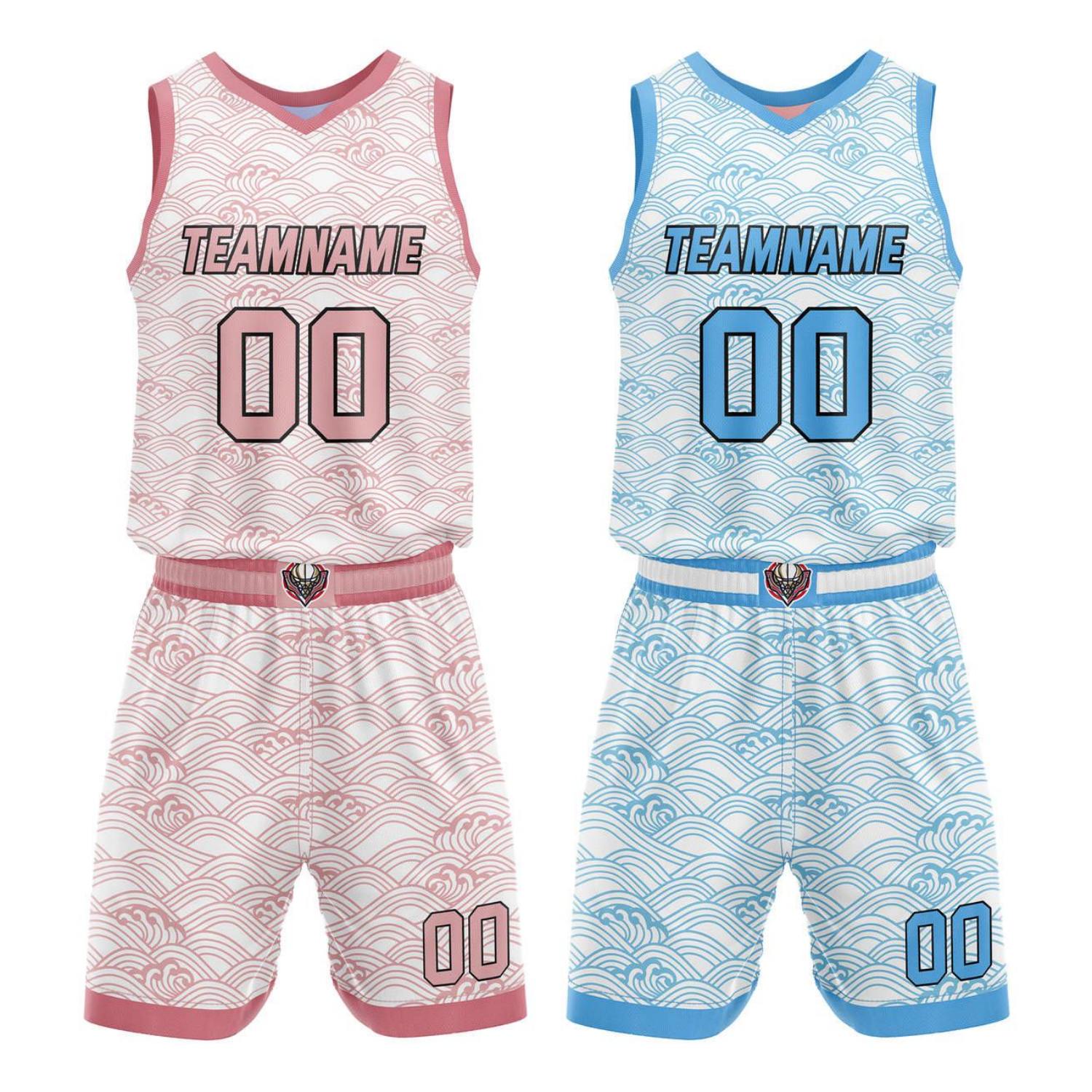Custom Reversible Basketball Jersey + Shorts Set (Pink-White & Blue Wave Pattern) - Personalized Team Name, Number & LOGO | Vosoli