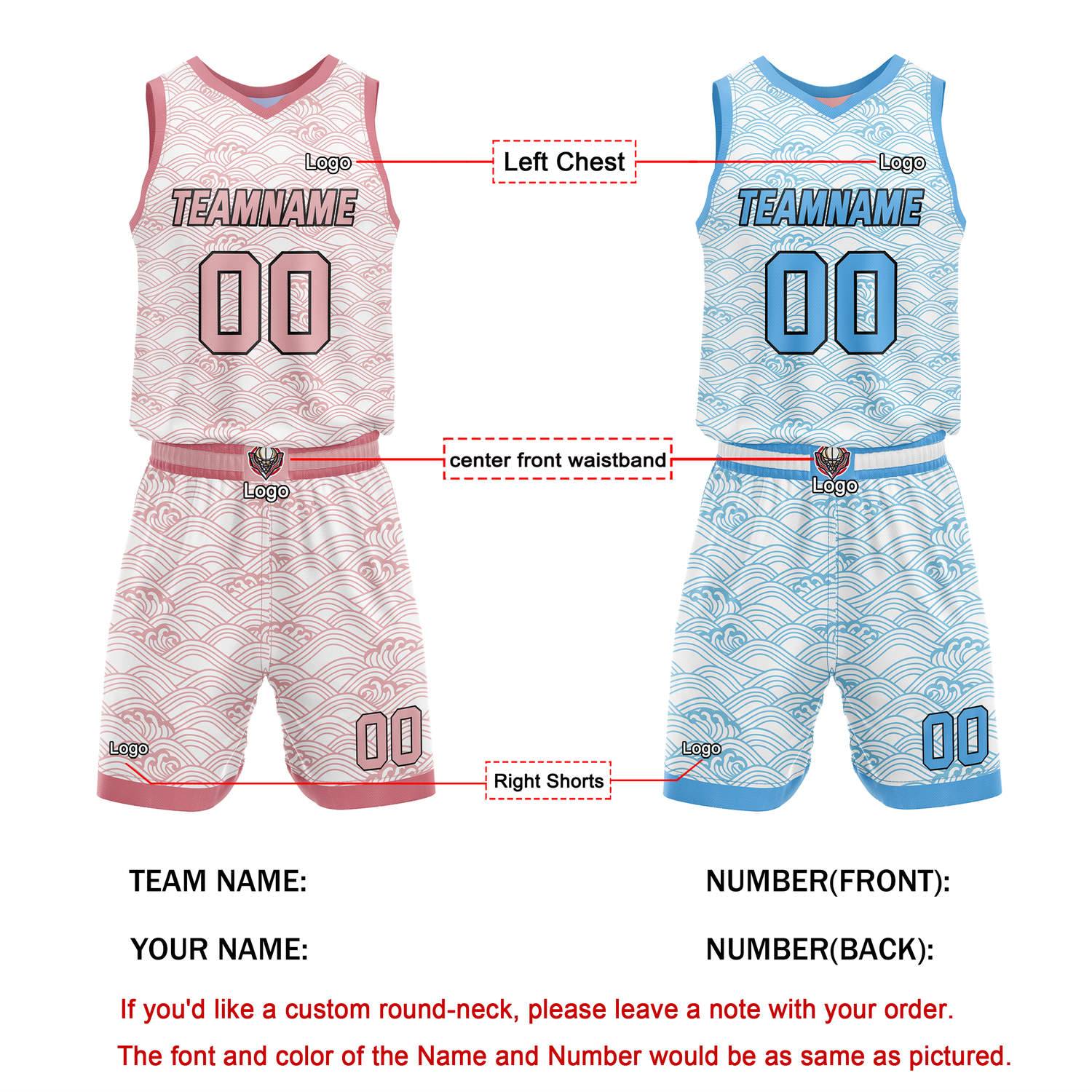 Custom Reversible Basketball Jersey + Shorts Set (Pink-White & Blue Wave Pattern) - Personalized Team Name, Number & LOGO | Vosoli