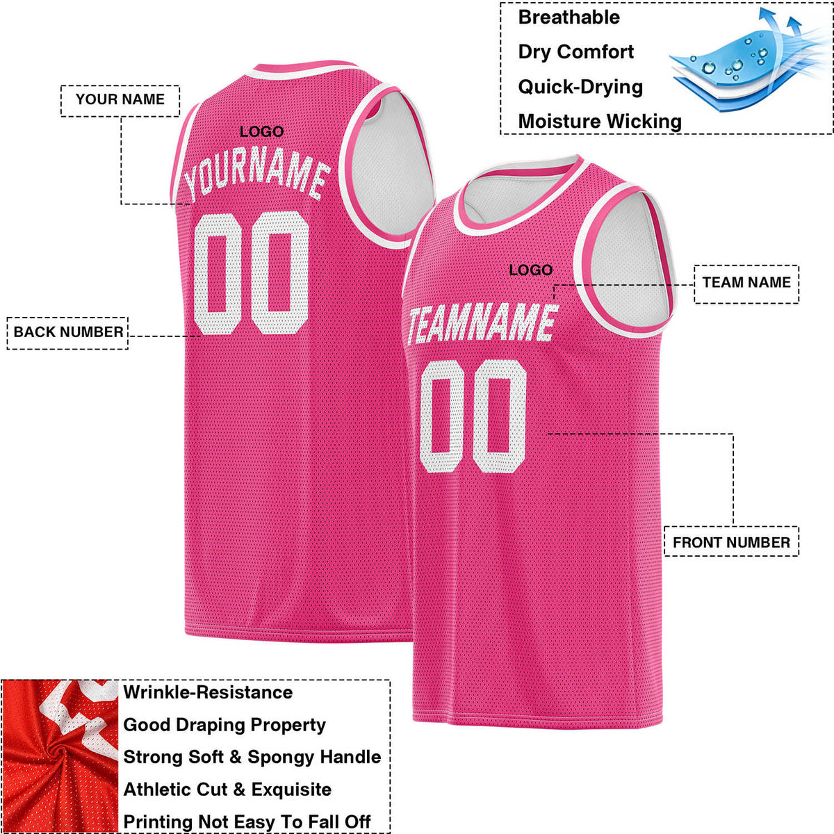 Custom Reversible Pink & White Mesh Basketball Jersey | Personalized Team Jersey | Vosoli