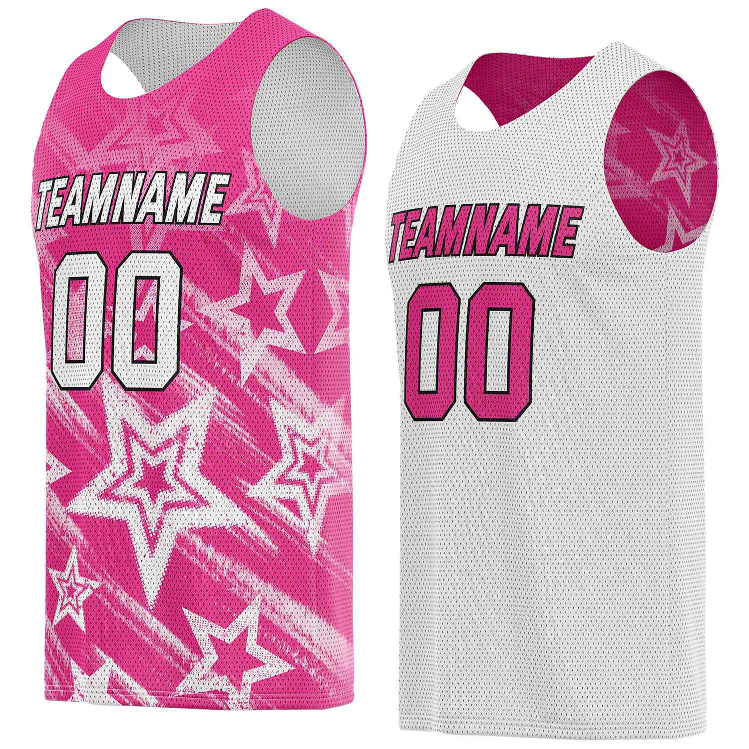 Custom Reversible Pink White Star Basketball Jersey | Personalized Team Top - Vosoli