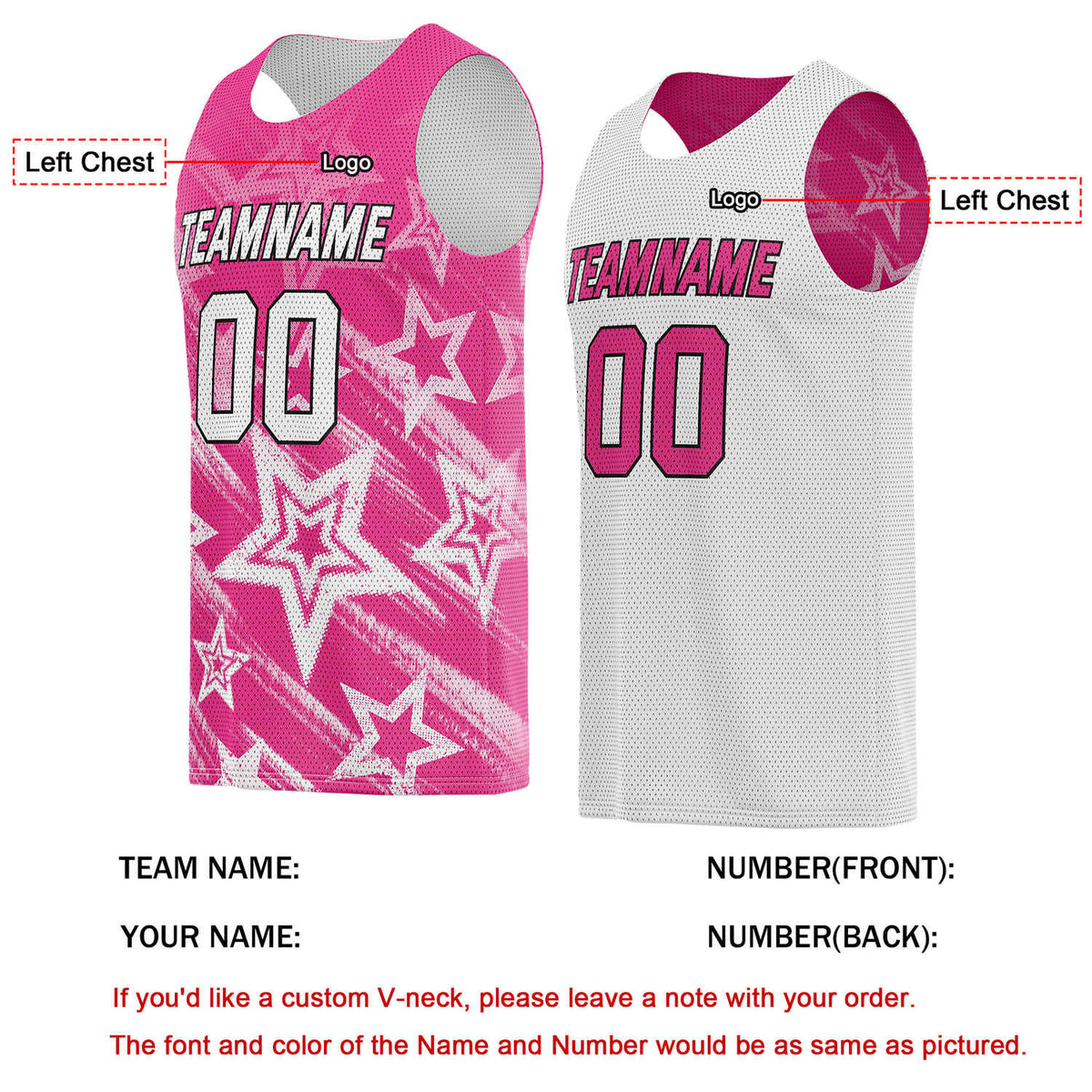 Custom Reversible Pink White Star Basketball Jersey | Personalized Team Top - Vosoli