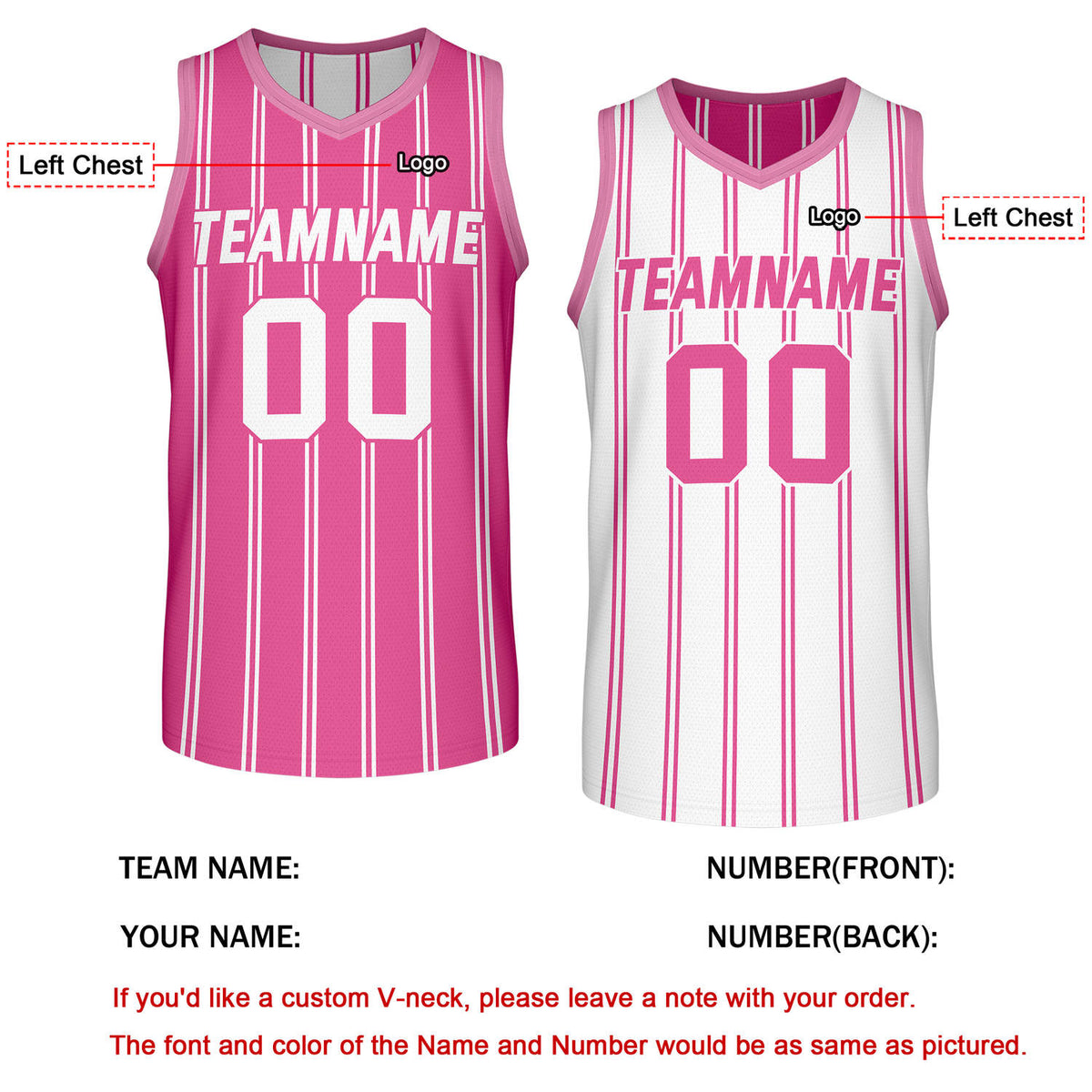 Custom Reversible Pink White Striped Basketball Jersey | Team Name & Number - Vosoli