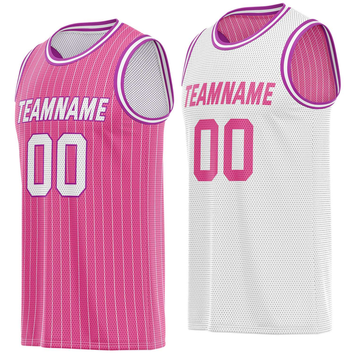 Custom Reversible Pink White Striped Mesh Basketball Jersey | Team &amp; Player Name - Vosoli