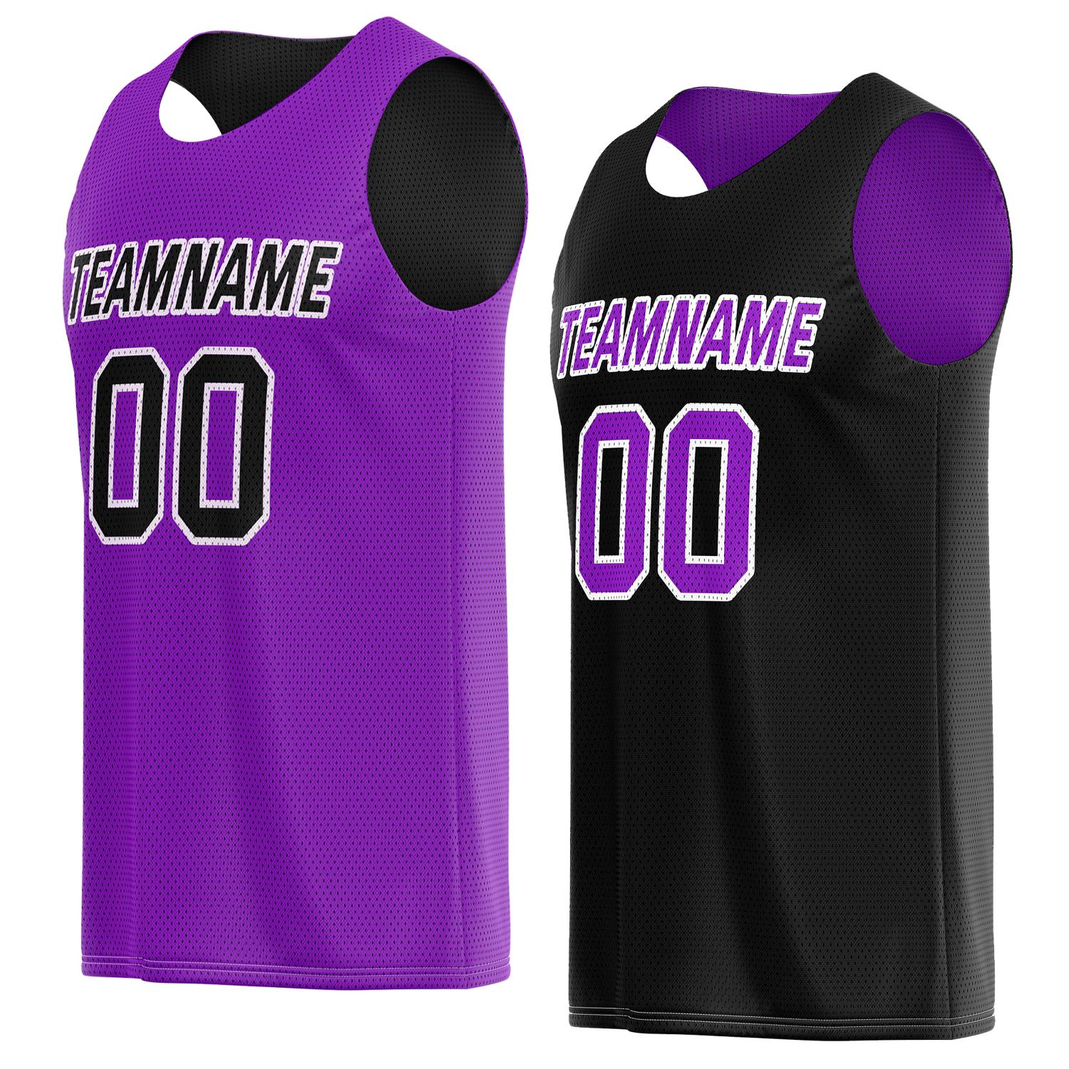 Custom reversible purple & black basketball jersey, personalized team name number logo breathable mesh sports top for men women youth game practice wear - Vosoli
