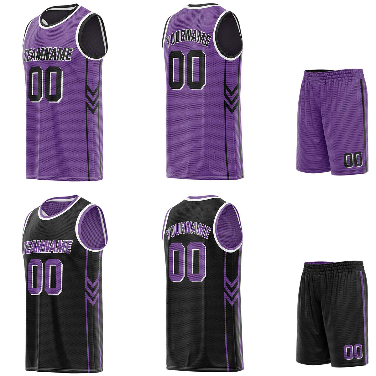 Custom reversible purple &amp; black basketball uniform set, personalized with team name number and logo, breathable mesh fabric for men women youth game practice - Vosoli
