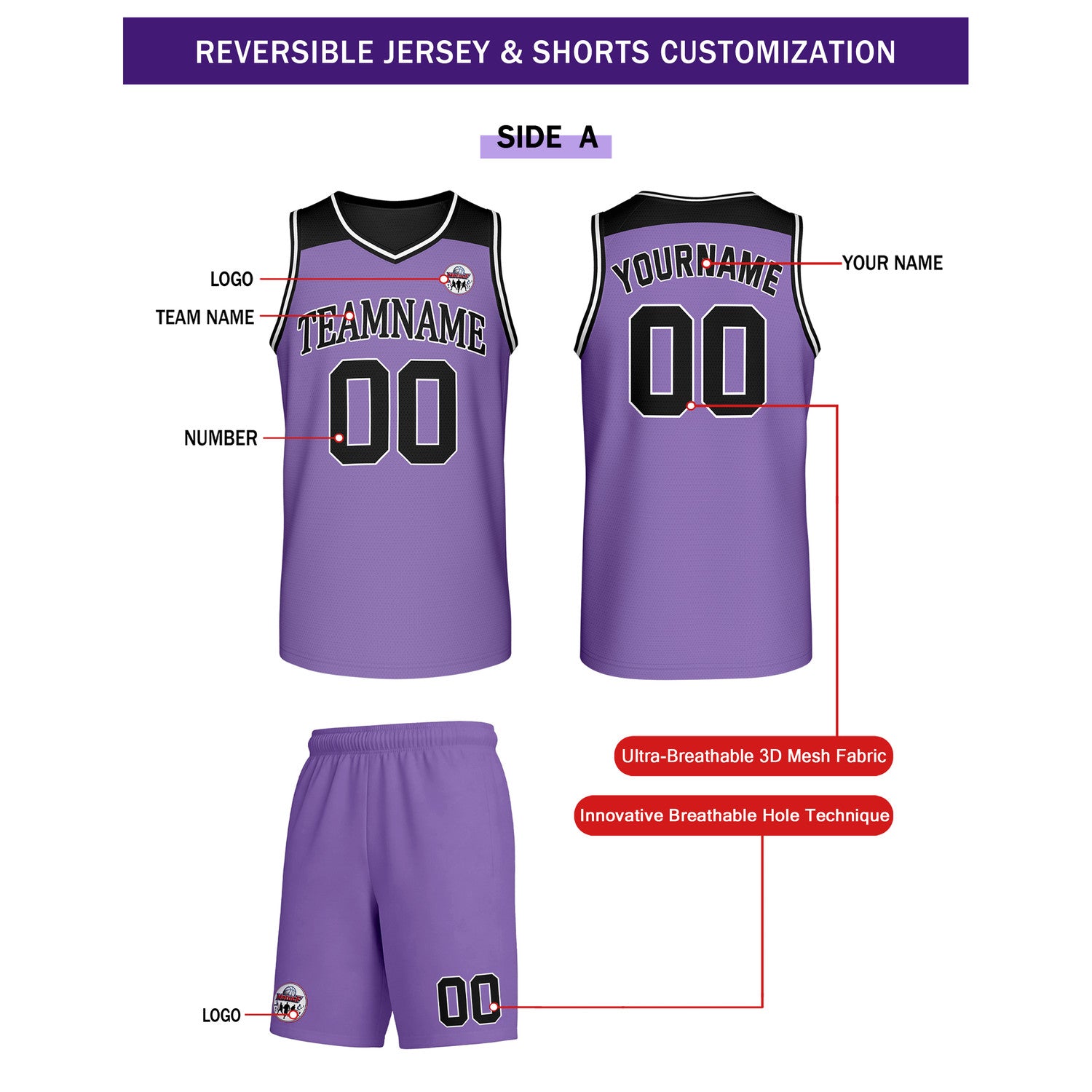 Custom Reversible Purple Black Basketball Uniform Set | Team Name & Number - Vosoli