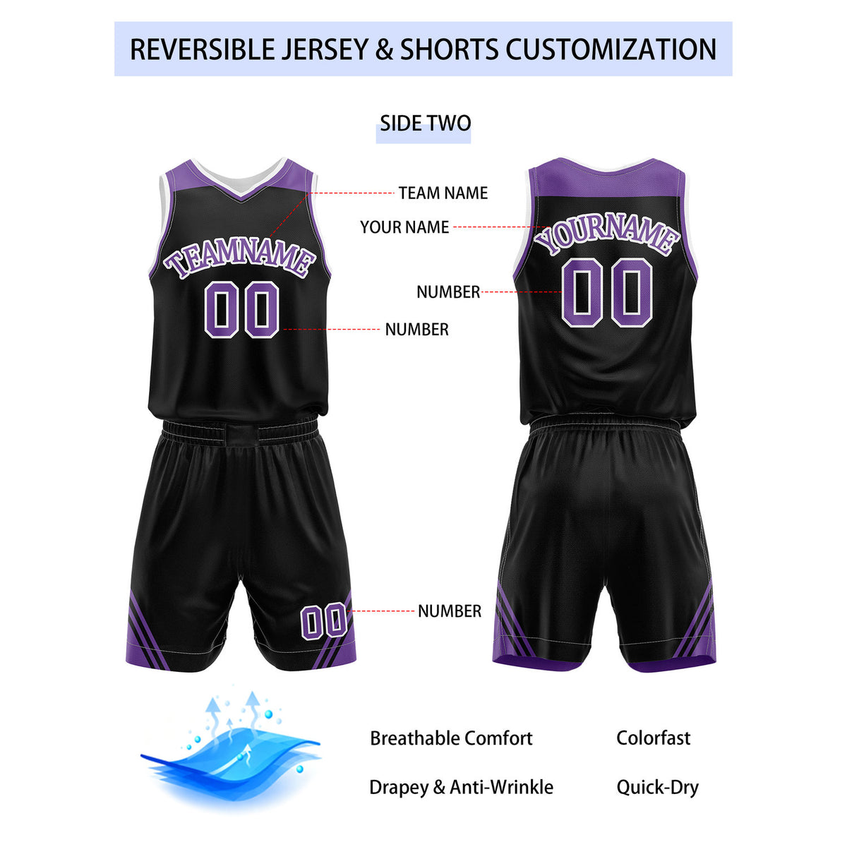 Custom Reversible Purple Black Basketball Uniform Set | Team Name & Number - Vosoli