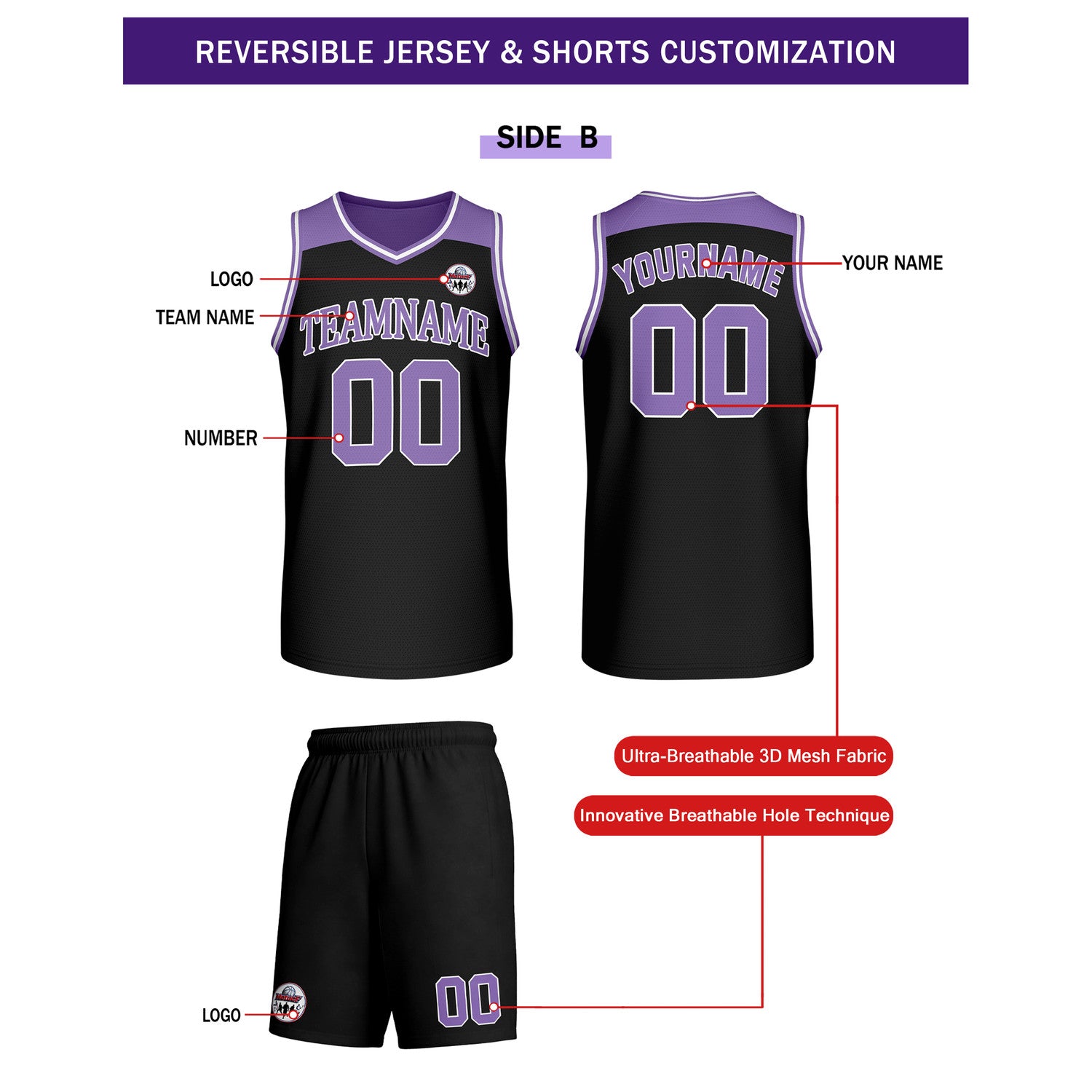 Custom Reversible Purple Black Basketball Uniform Set | Team Name & Number - Vosoli
