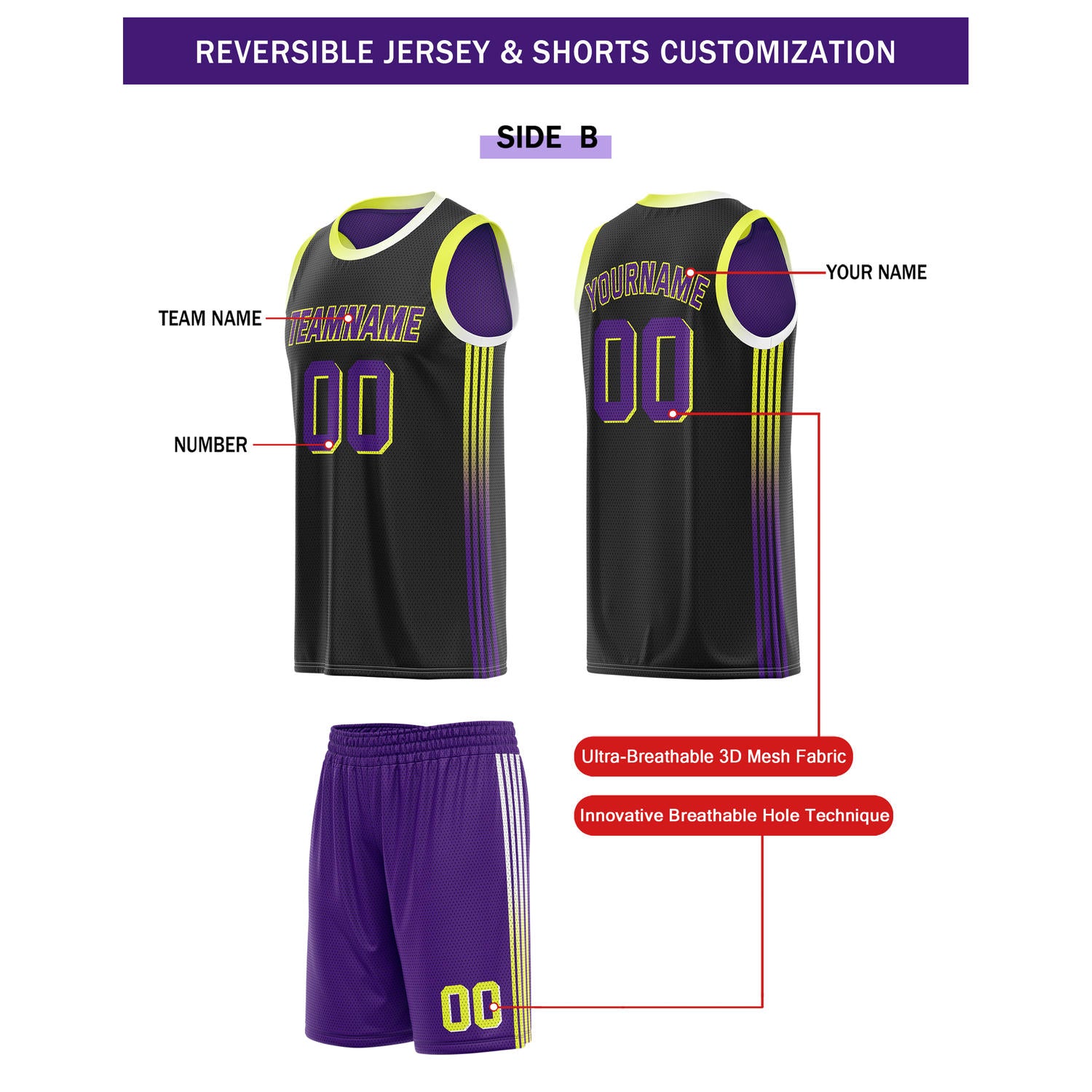 Custom Reversible Purple Black Basketball Uniform Set | Team & Player Name - Vosoli