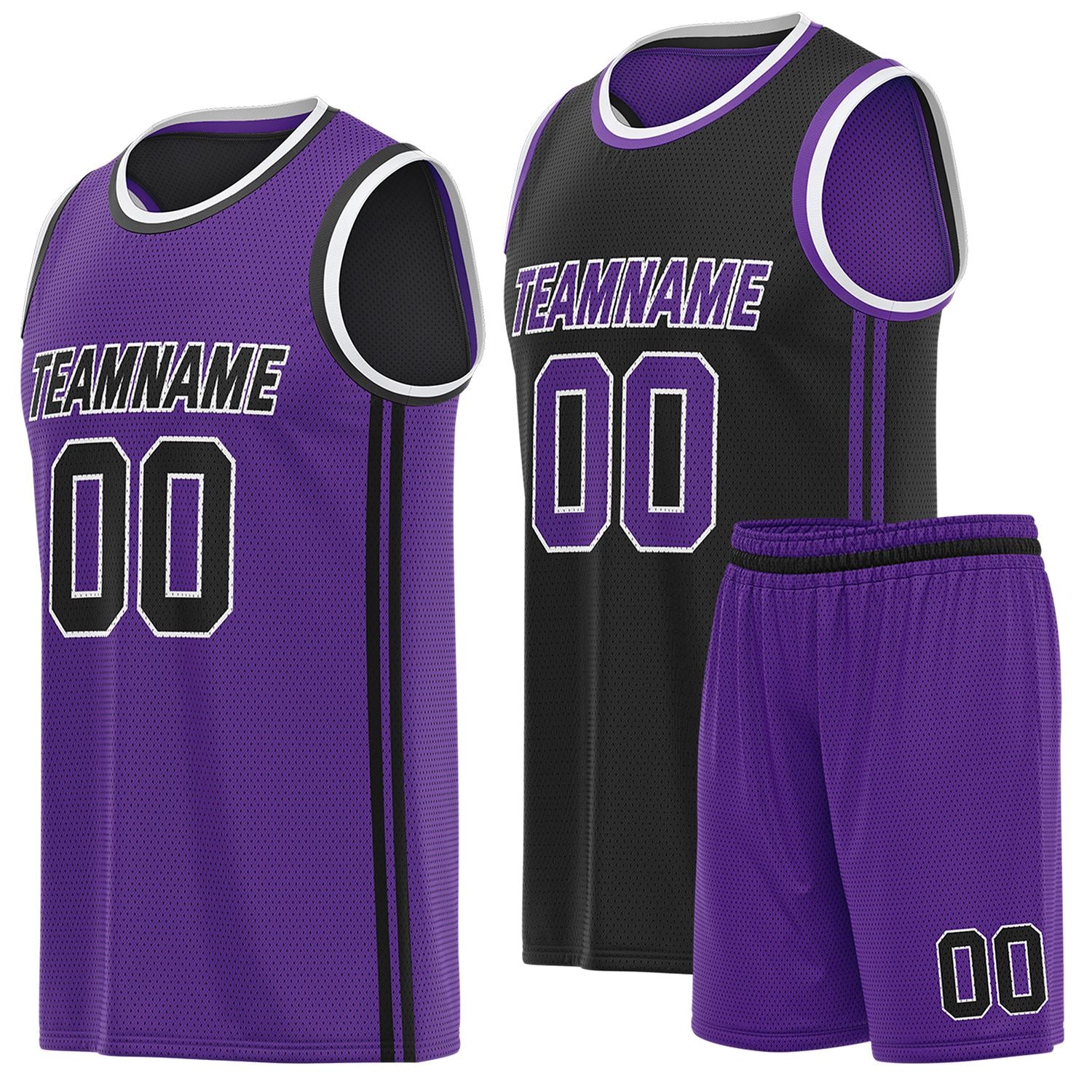 Custom reversible purple & black basketball uniform (jersey + shorts), personalized team name number logo breathable mesh sports set for men women youth game practice - Vosoli