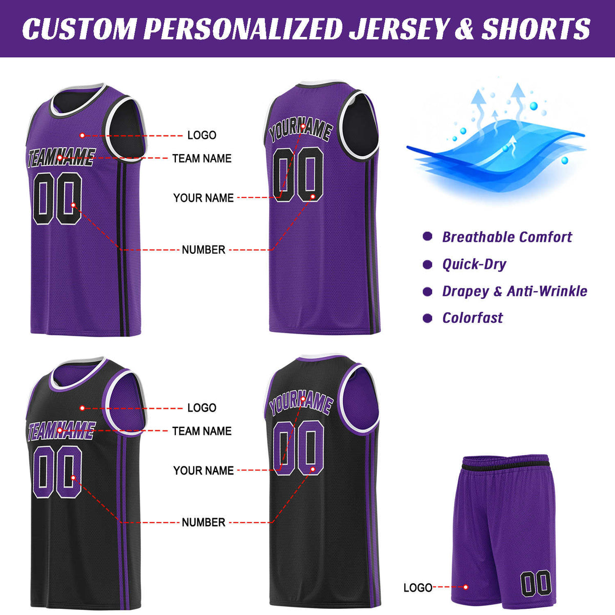 Custom Reversible Purple & Black Basketball Uniform | Jersey & Shorts Set - Vosoli