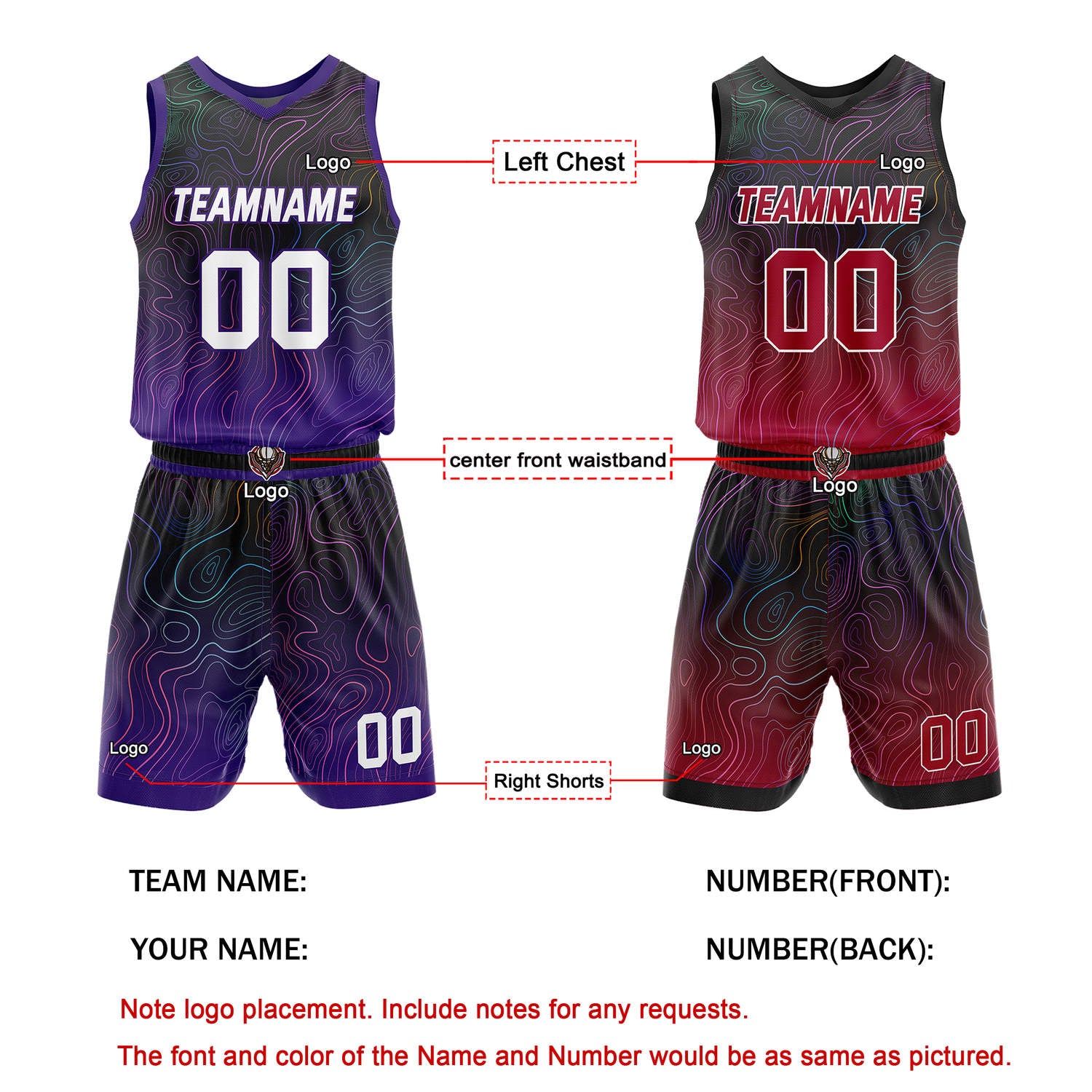 Custom Reversible Basketball Jersey + Shorts Set (Purple-Black & Red-Black Colorful Wave) - Personalized Team Name, Number & LOGO | Vosoli