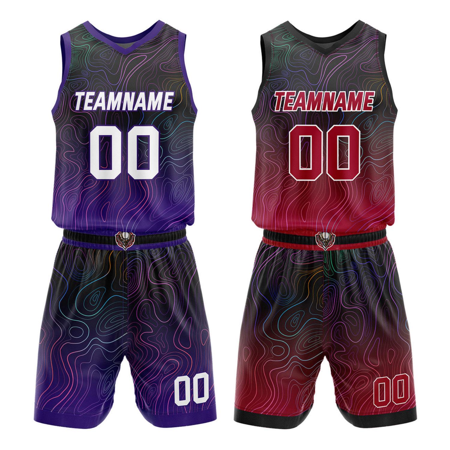 Custom Reversible Basketball Jersey + Shorts Set (Purple-Black & Red-Black Colorful Wave) - Personalized Team Name, Number & LOGO | Vosoli