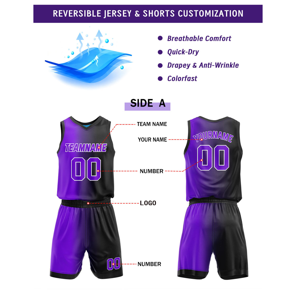 Custom Reversible Purple Black Cyan Basketball Uniform Set | Team & Player Name - Vosoli