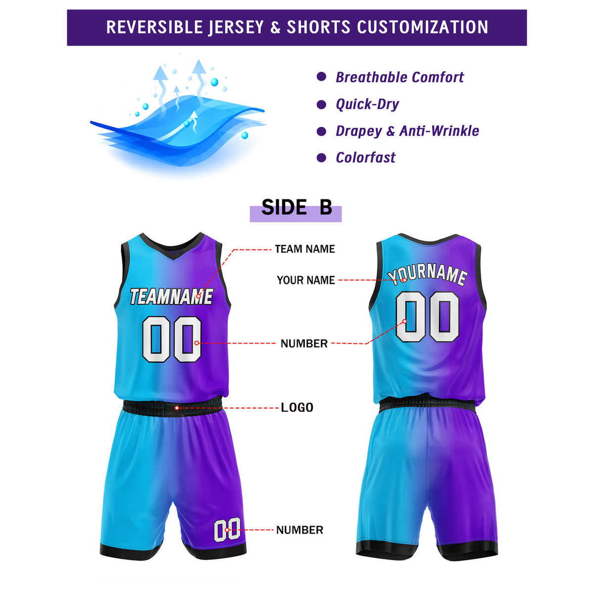 Custom Reversible Purple Black Cyan Basketball Uniform Set | Team & Player Name - Vosoli