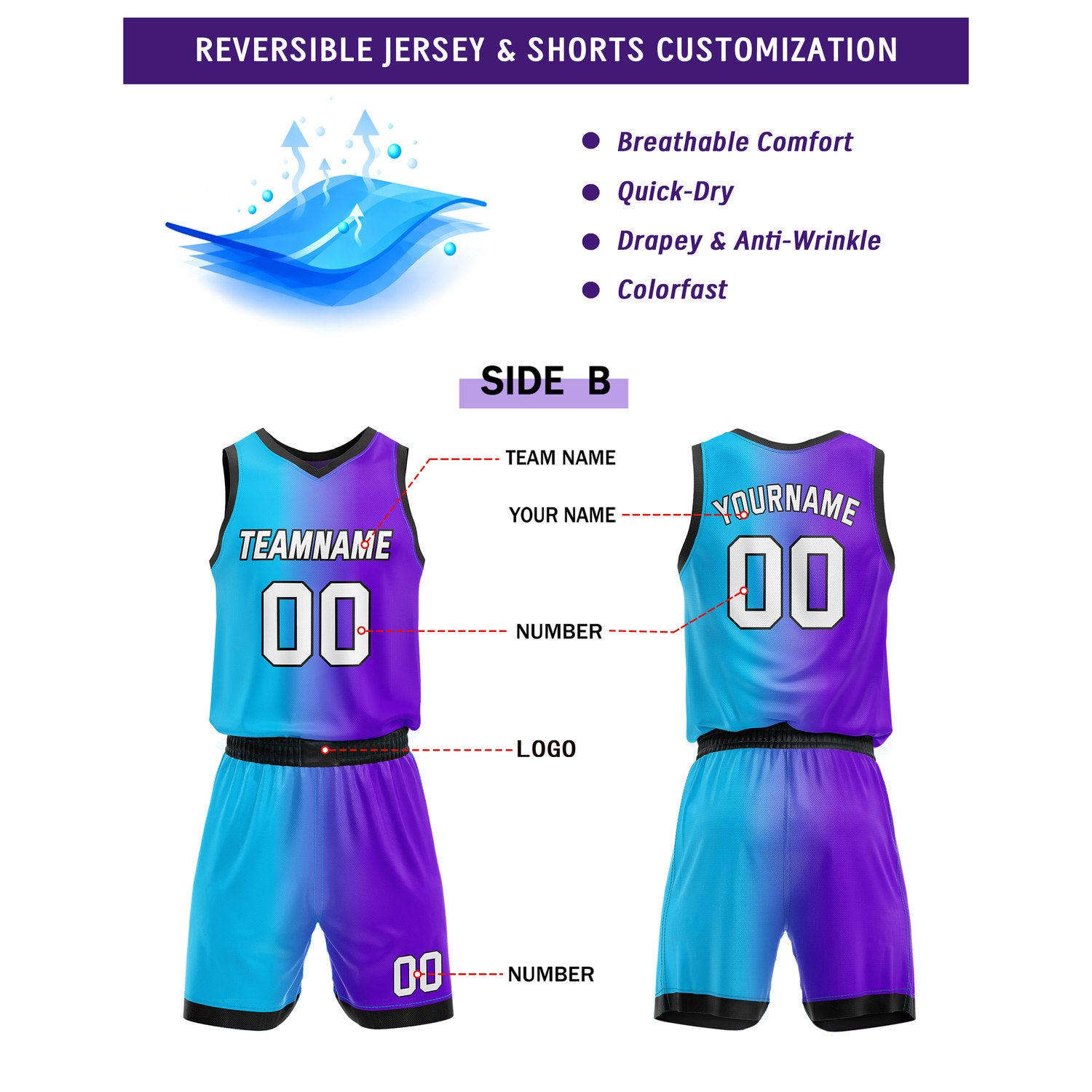 Custom Reversible Purple Black Cyan Basketball Uniform Set | Team & Player Name - Vosoli