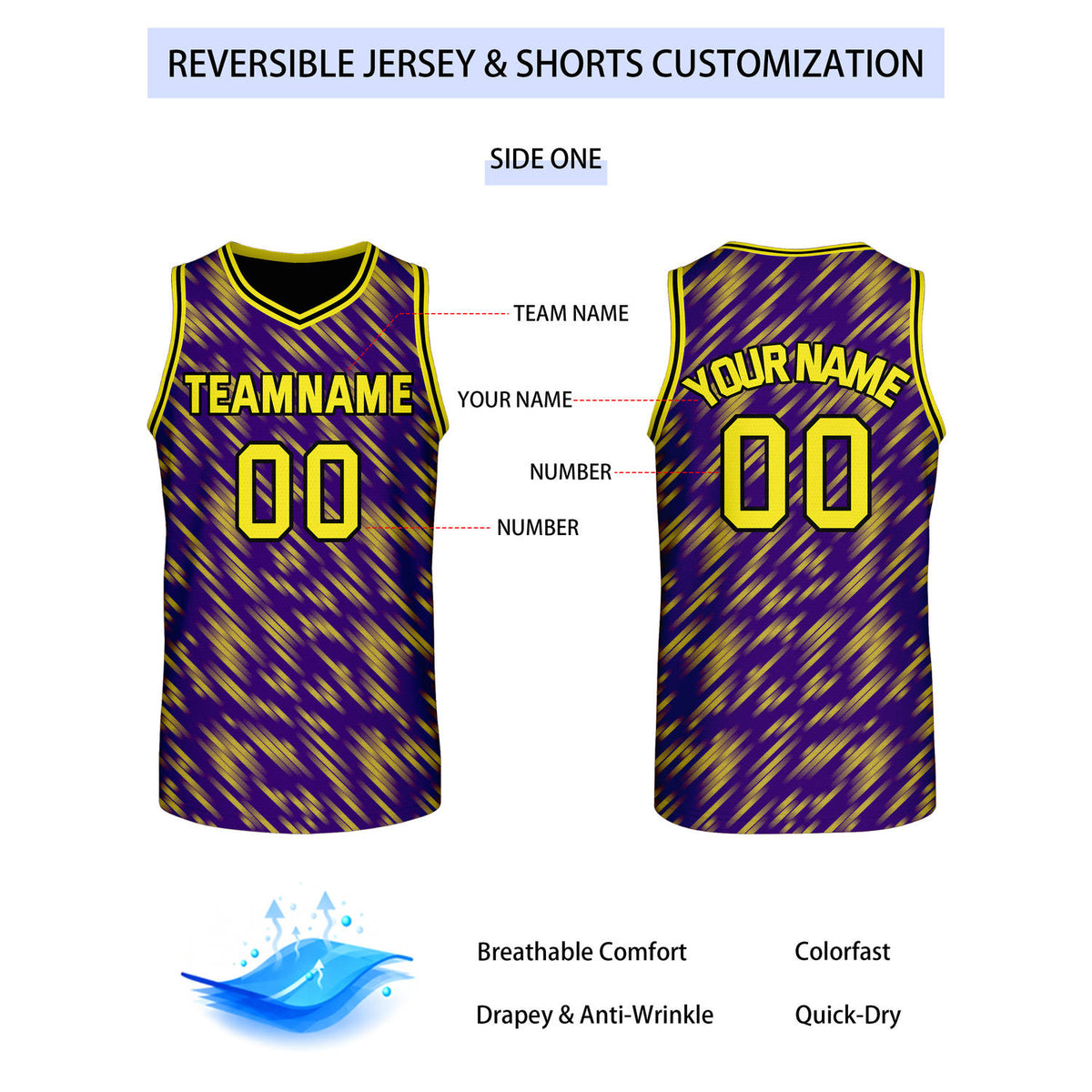 Custom Reversible Purple Black Gold Stripe Basketball Jersey | Team & Player Name - Vosoli