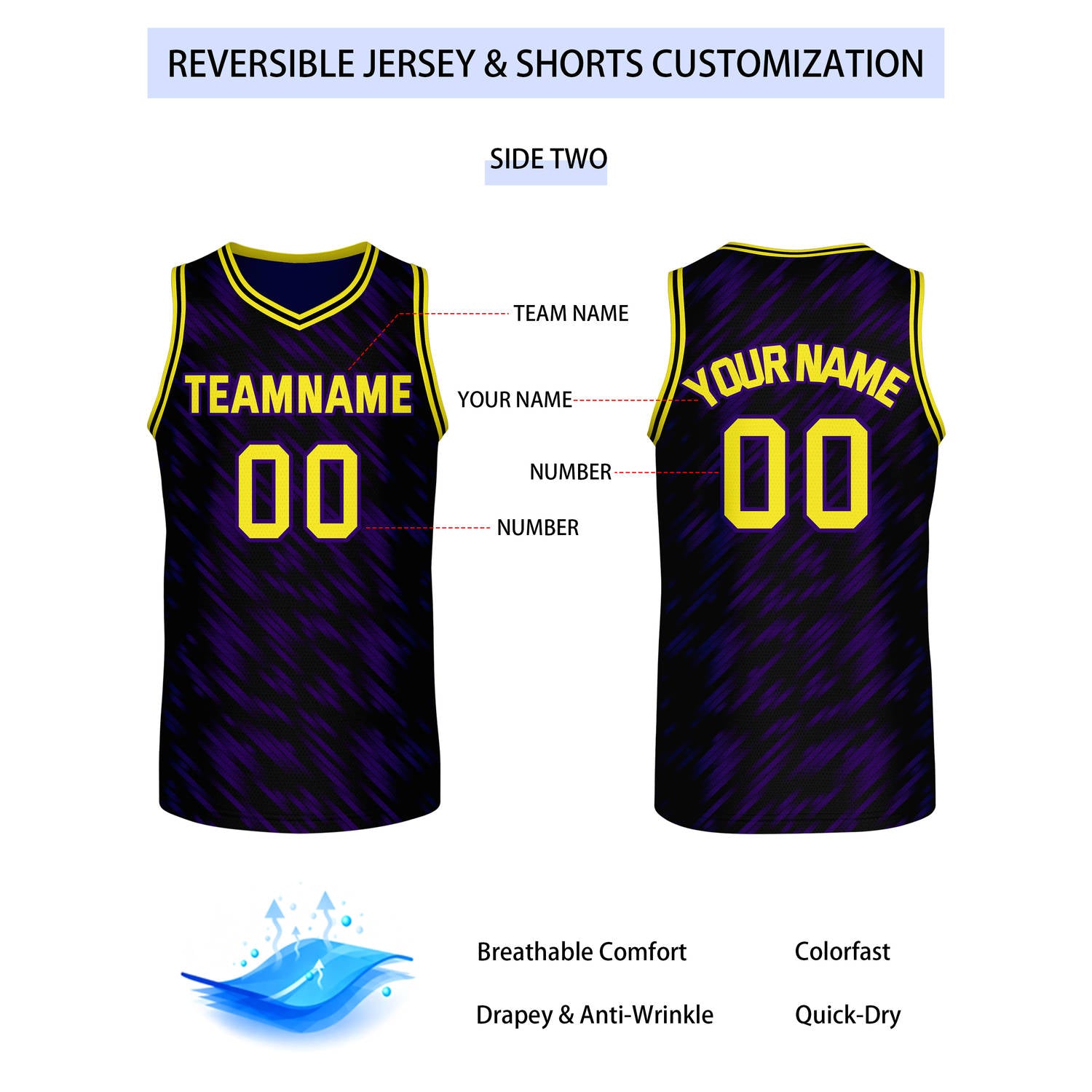 Custom Reversible Purple Black Gold Stripe Basketball Jersey | Team & Player Name - Vosoli