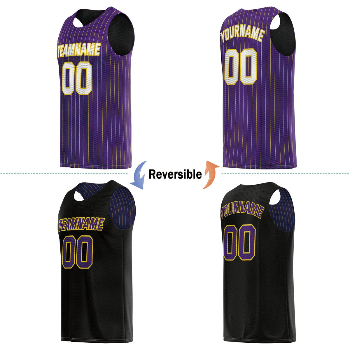Custom Reversible Purple Black Striped Basketball Jersey | Personalized Team Name, Number & LOGO | Vosoli