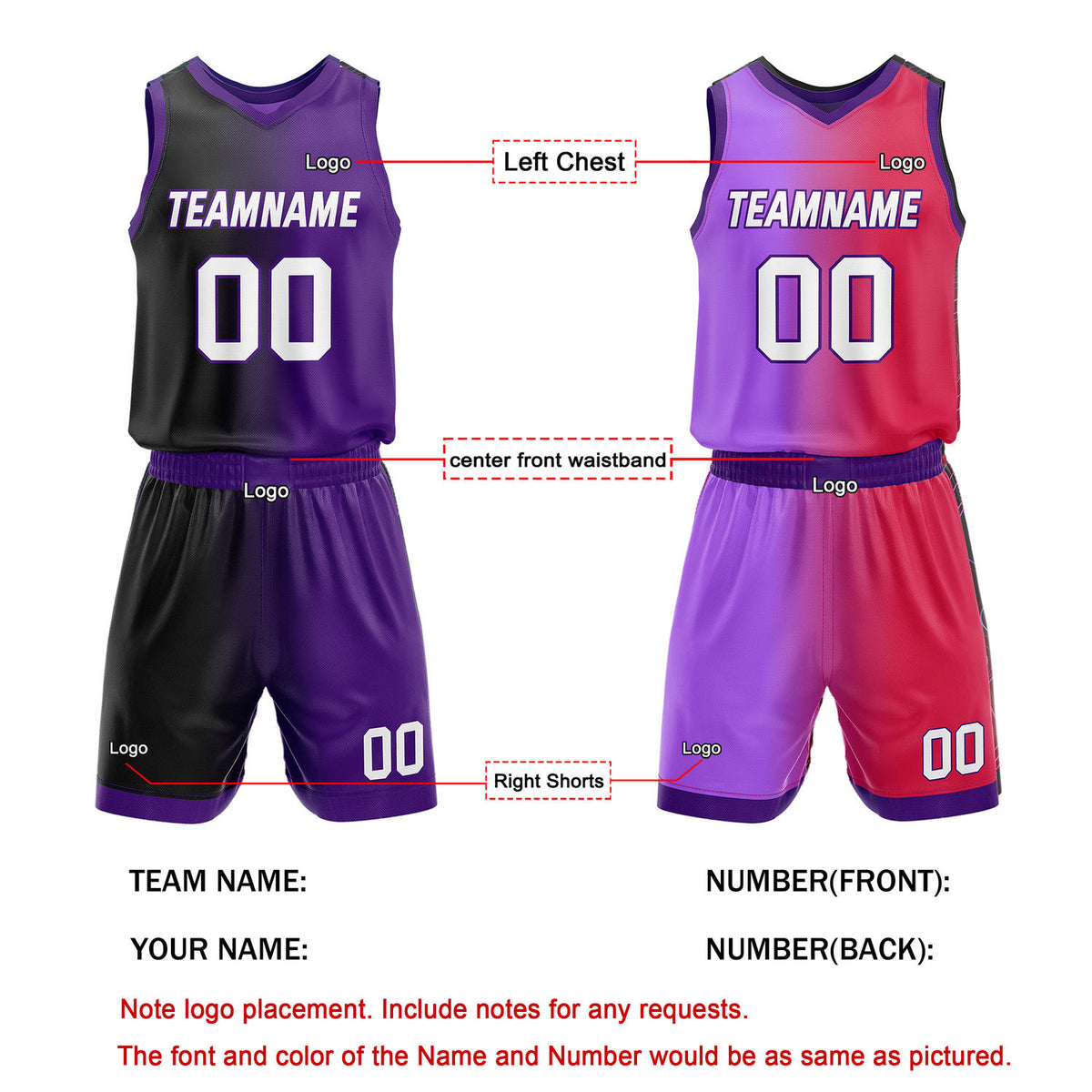 Custom Reversible Purple Black Red Basketball Uniform Set | Team & Player Name - Vosoli