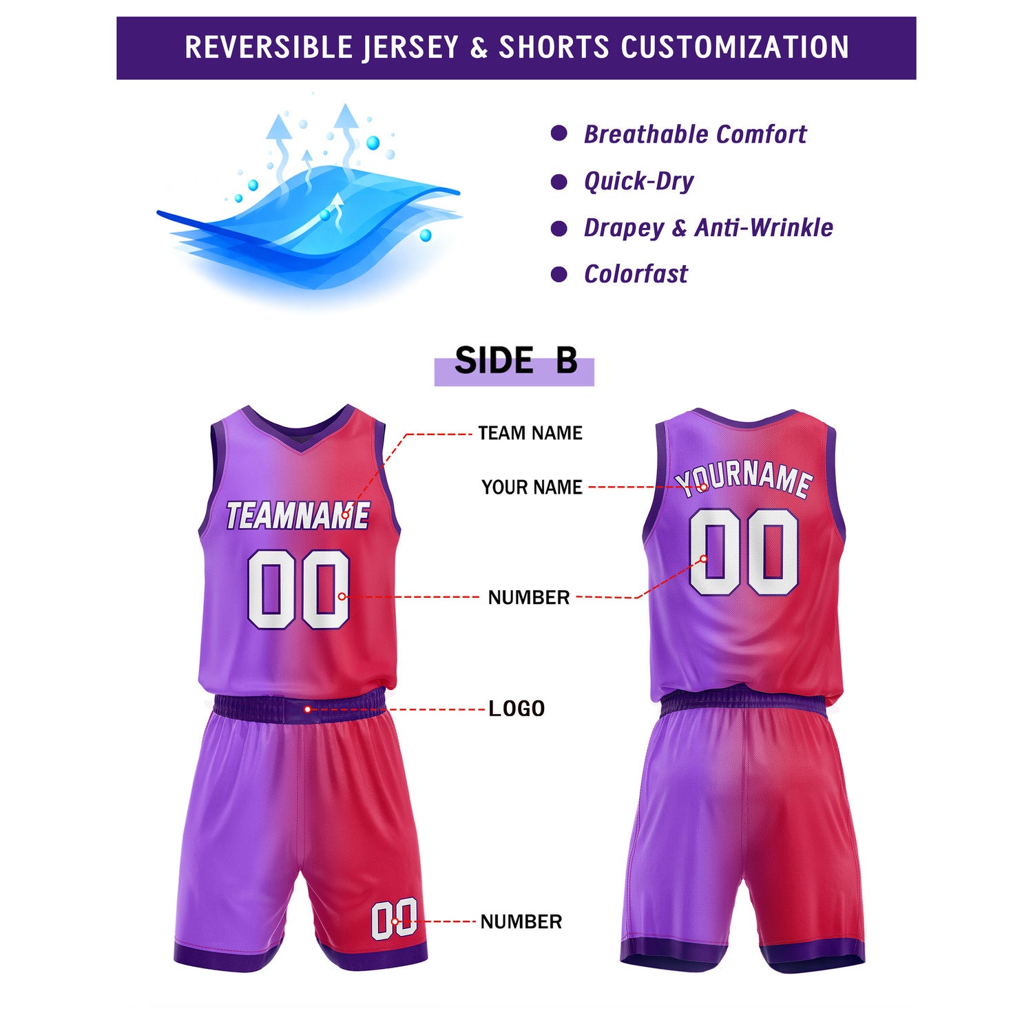 Custom Reversible Purple Black Red Basketball Uniform Set | Team & Player Name - Vosoli