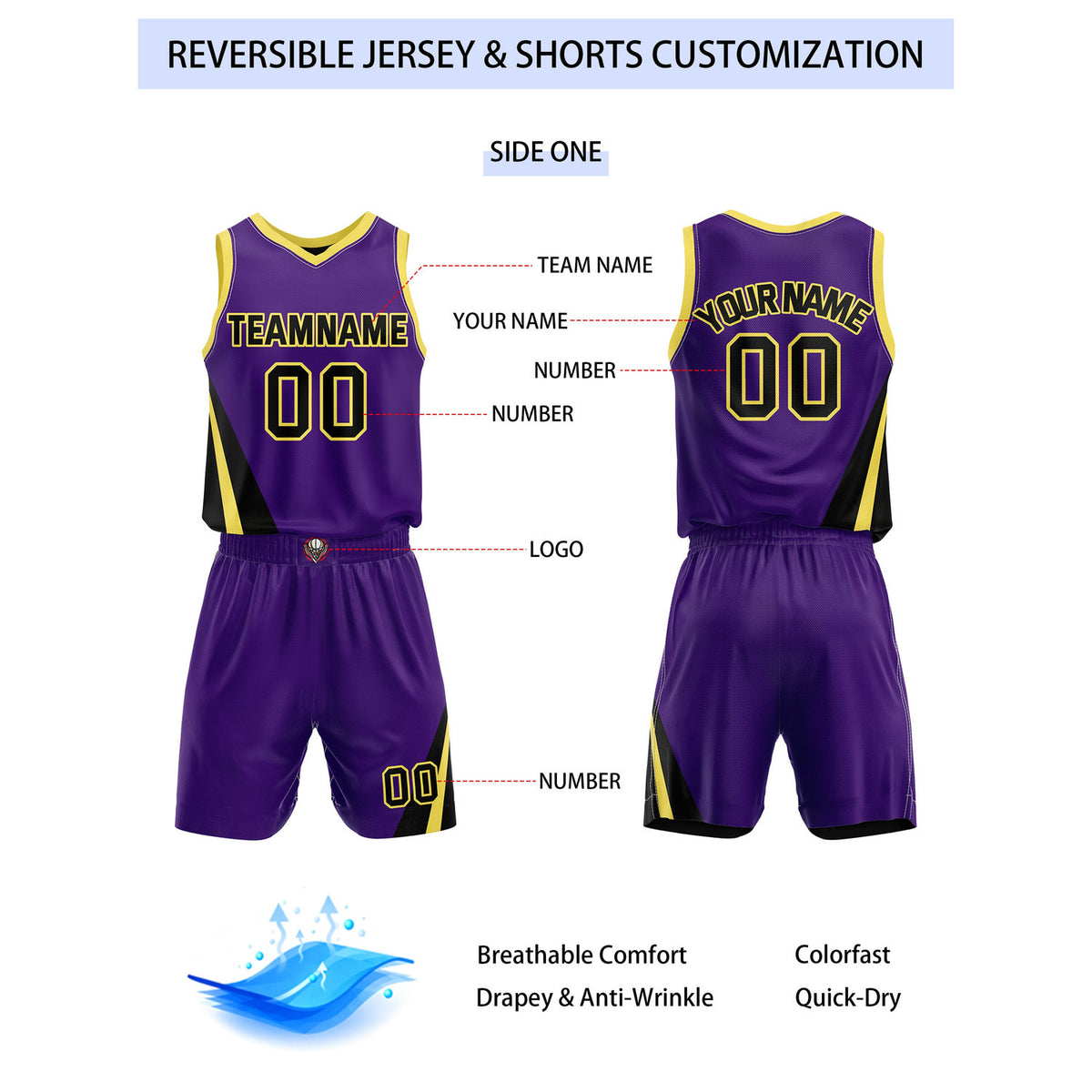 Custom Reversible Purple Black Yellow Basketball Uniform Set | Team & Player Name - Vosoli